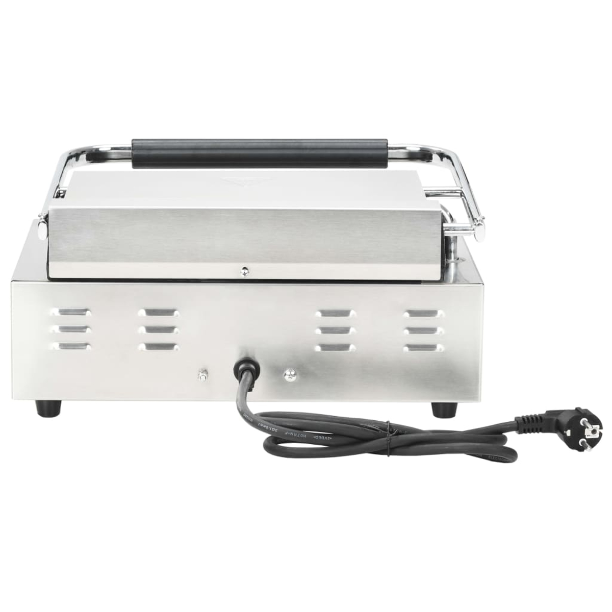 Ein silberner Kontaktgrill mit schwarzem Griff und Kabel, auf weißem Hintergrund.