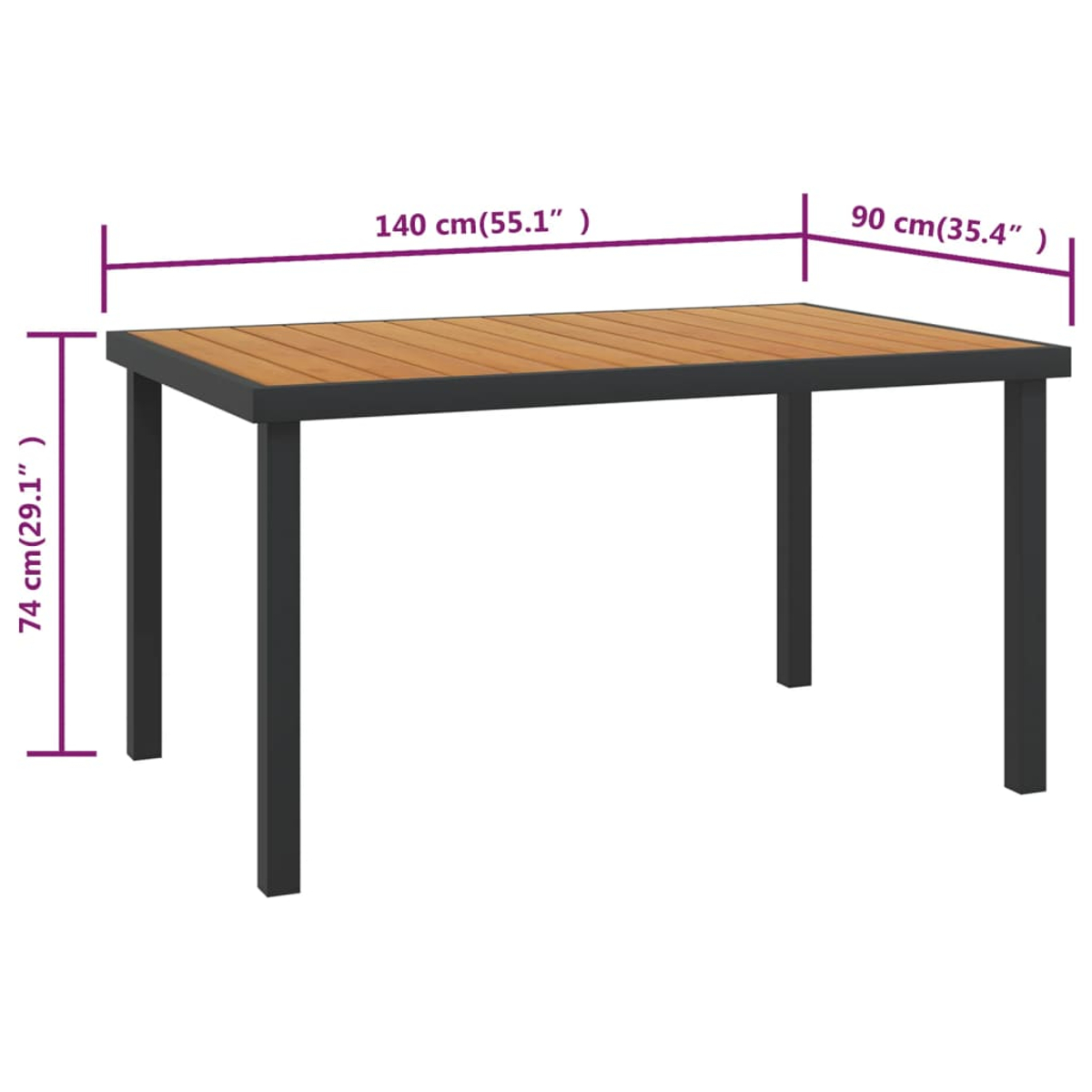 Ein rechteckiger Tisch mit Holzlattenplatte und schwarzen Metallbeinen.