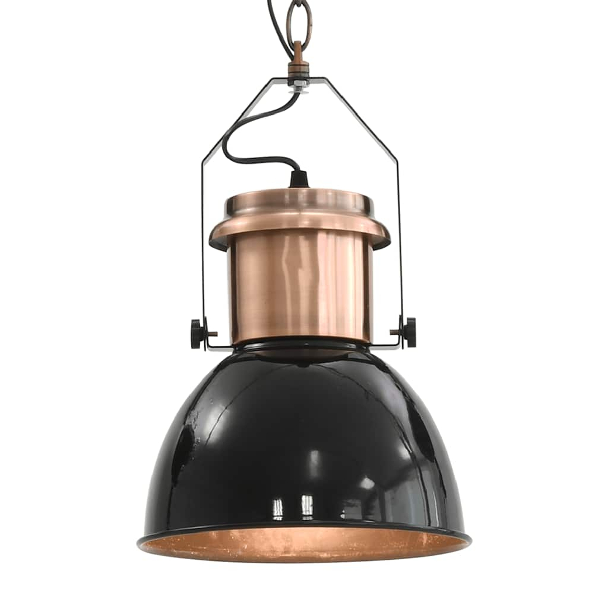 Eine schwarze Hängelampe mit kupferfarbenen Akzenten, die von einem Metallgestell gehalten wird.