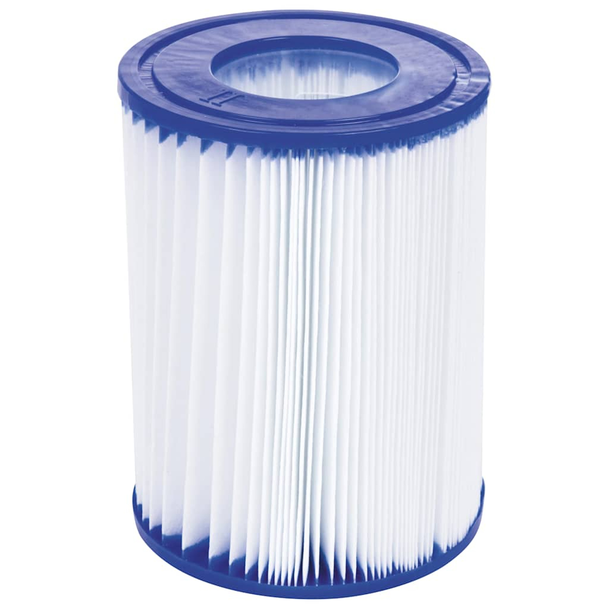 Een cilindrisch zwembadfilter met witte plooien en een blauwe boven- en onderkant.