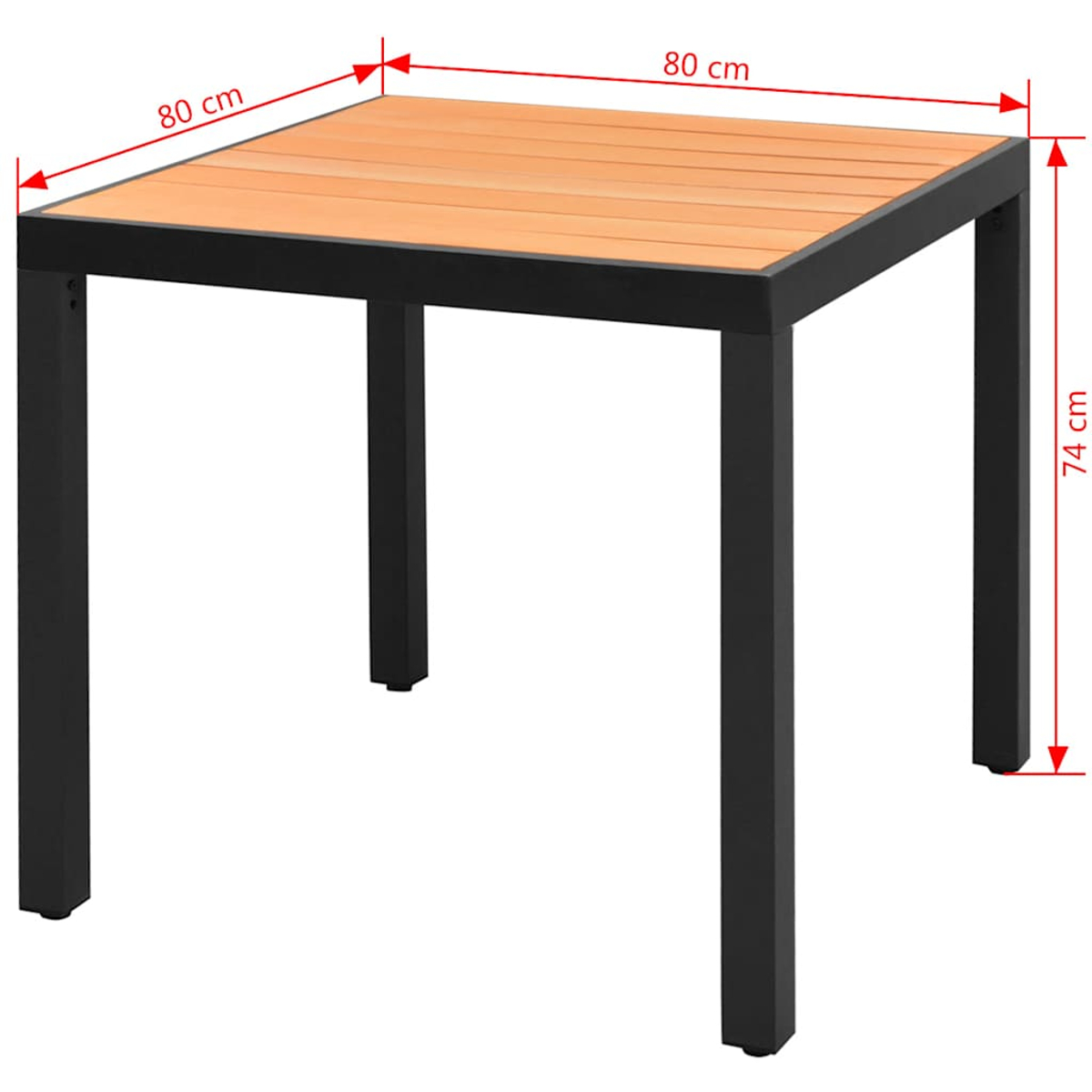 Ein rechteckiger Tisch mit Holzlattenplatte und schwarzen Metallbeinen.