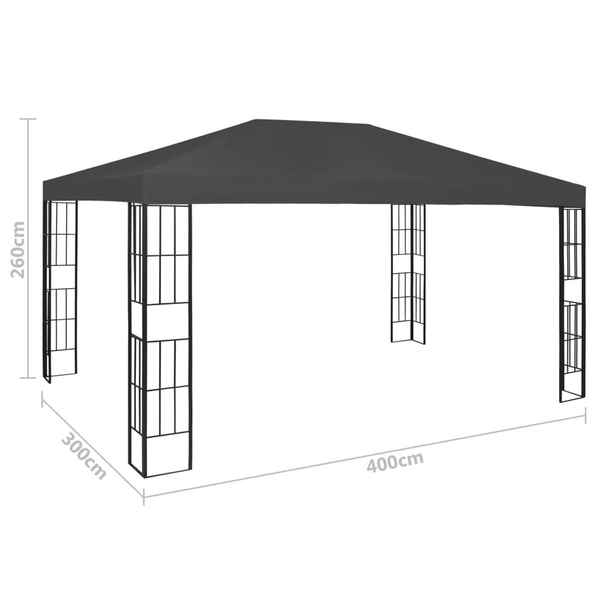 Ein dunkelgraues Gazebo mit den Maßen 400cm x 300cm x 260cm.