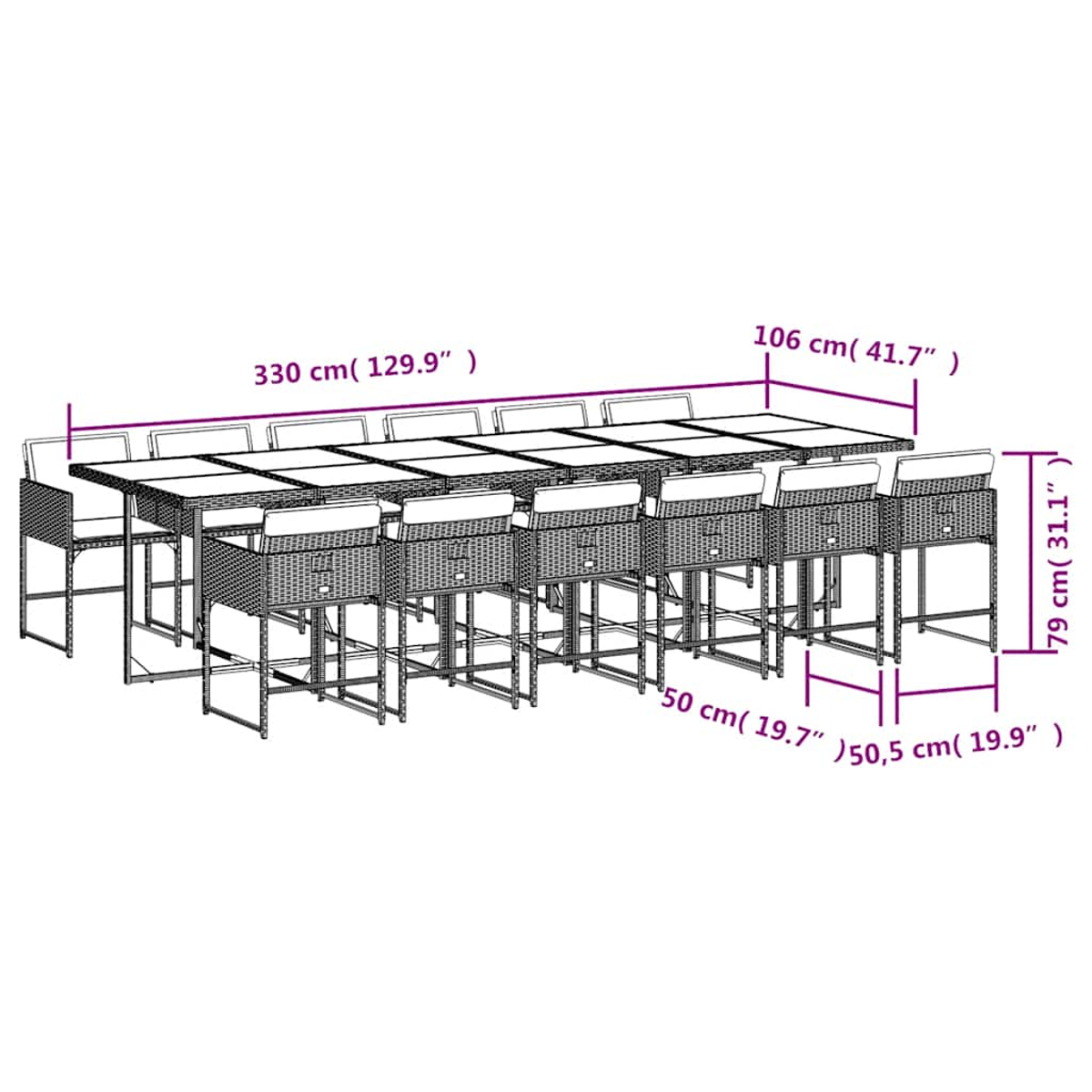 Un lungo tavolo da pranzo in rattan con 10 sedie e dimensioni.