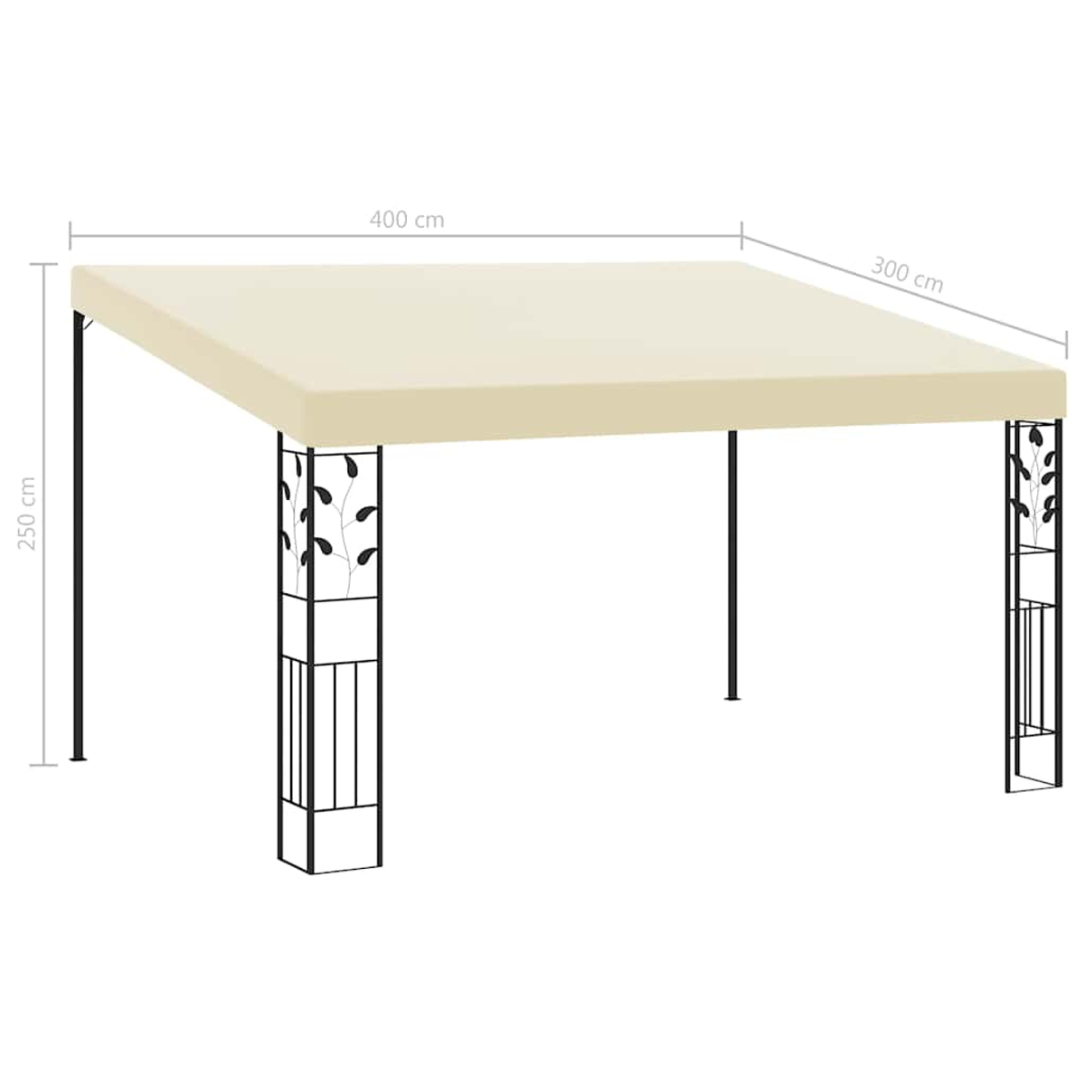 Ein cremefarbener Pavillon mit schwarzen Säulen, Maße 400x300x250 cm.