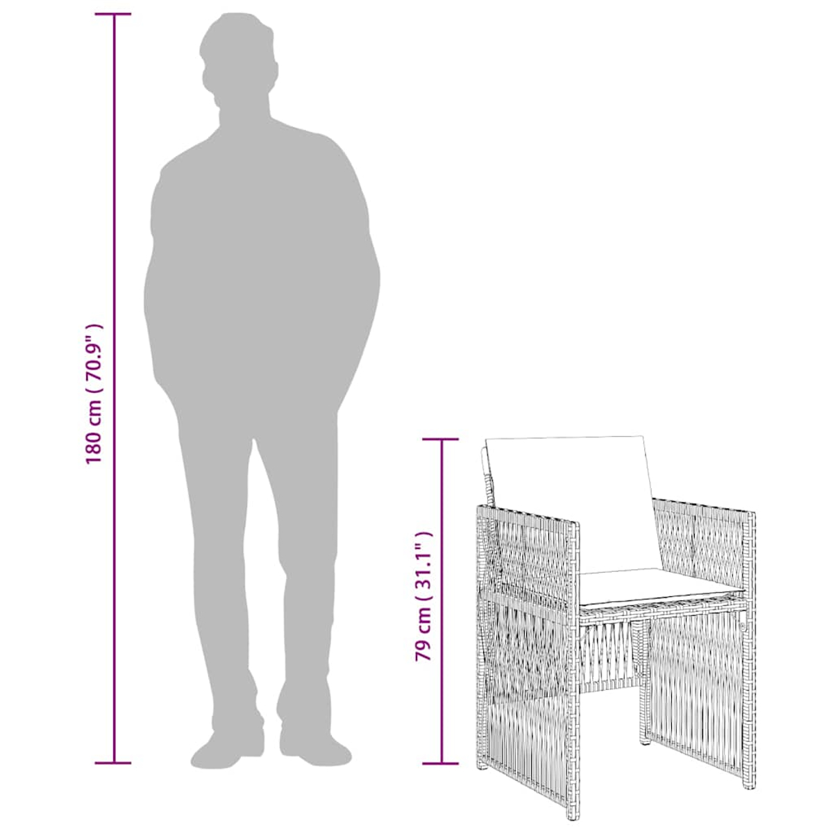 Abmessungen: 180 cm Mann, 79 cm Stuhl. Weißer Korbstuhl mit Kissen.