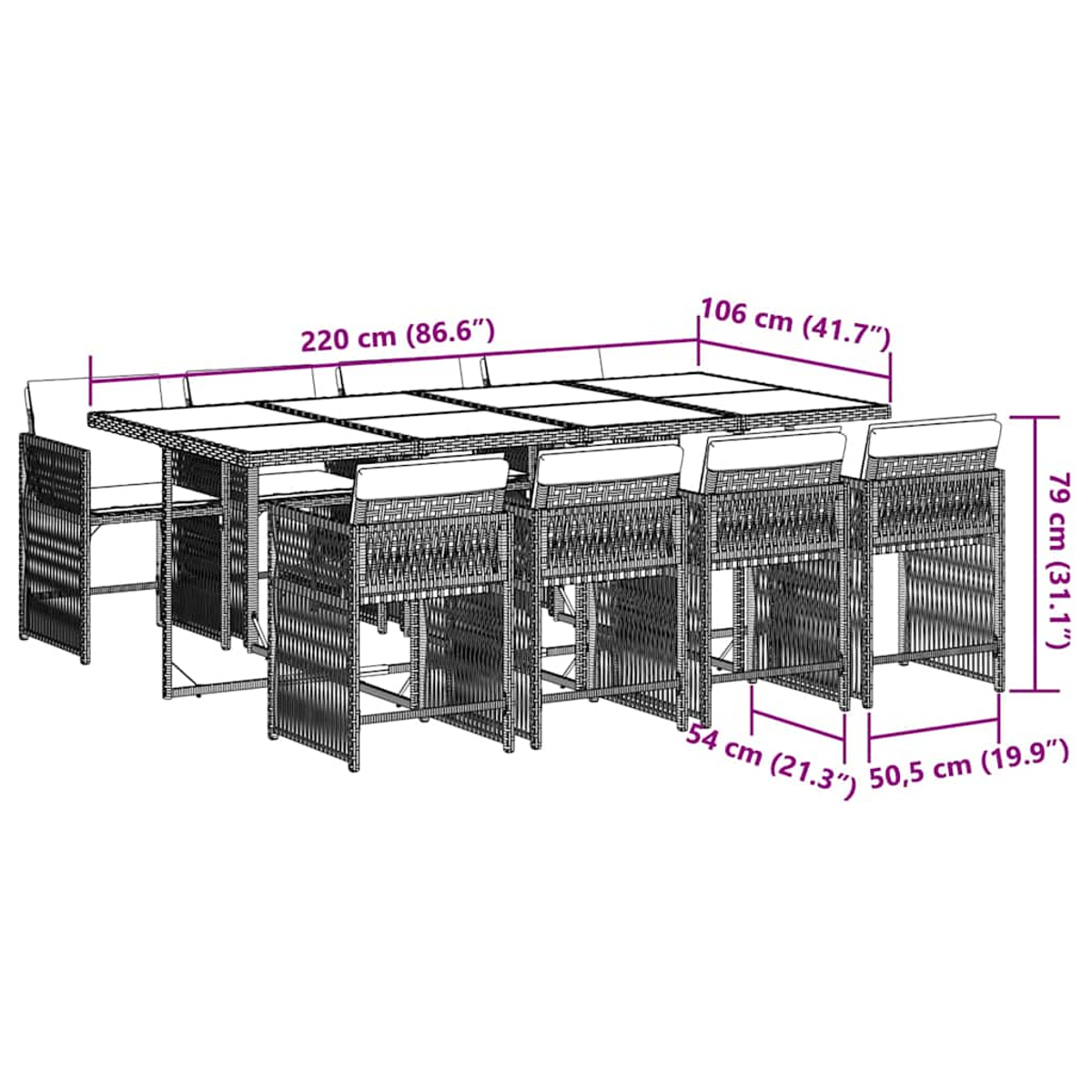 Set da pranzo da esterno in rattan con 8 sedie. Dimensioni indicate. Cuscini bianchi.