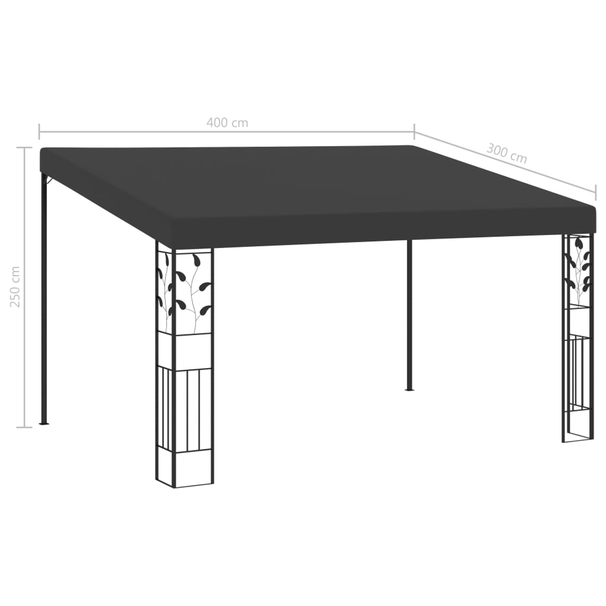 Ein schwarzer Pavillon mit floralen Säulen, 400x300x250 cm.