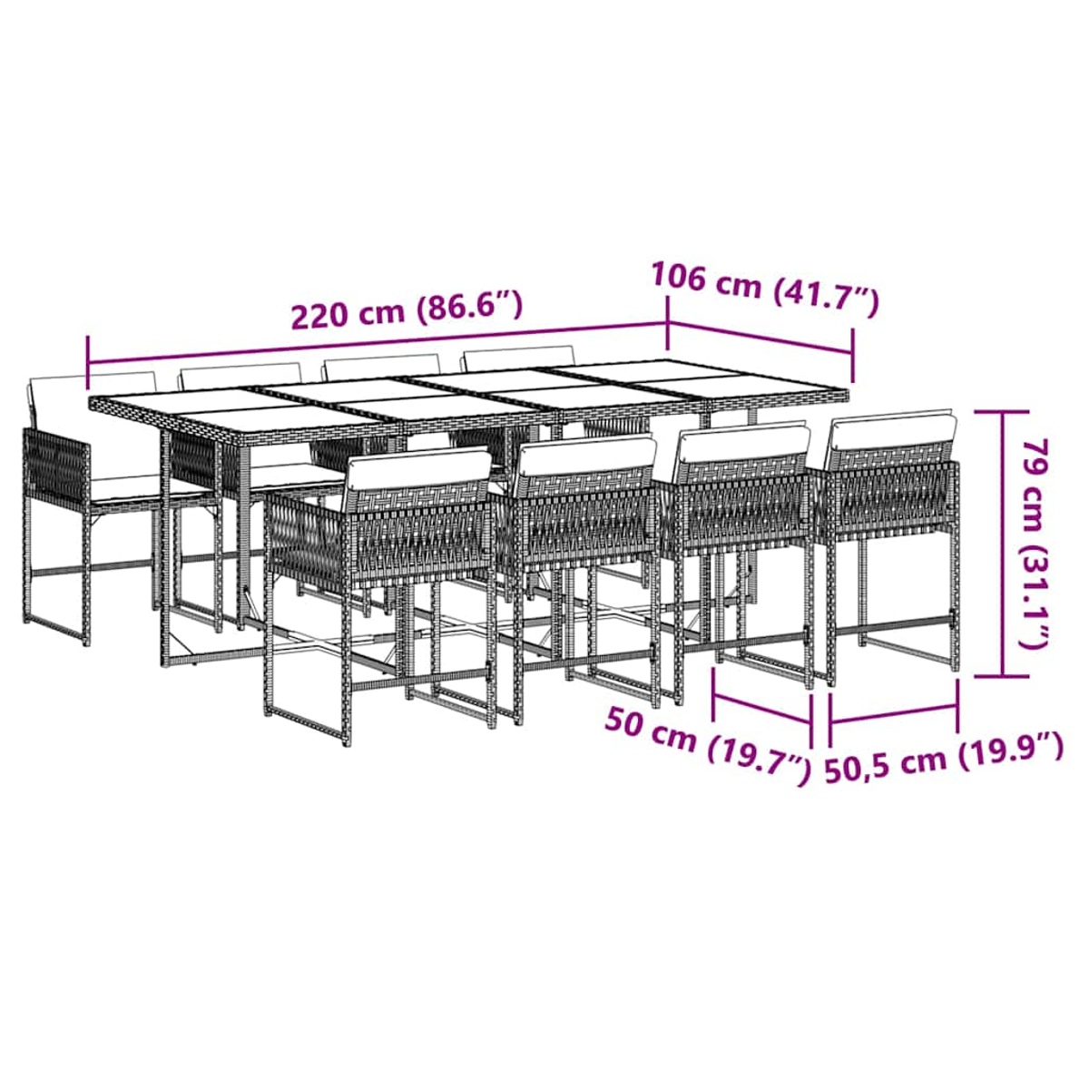 Geflechtmöbel-Set mit Tisch (220 cm) und acht Stühlen, Maße angegeben.