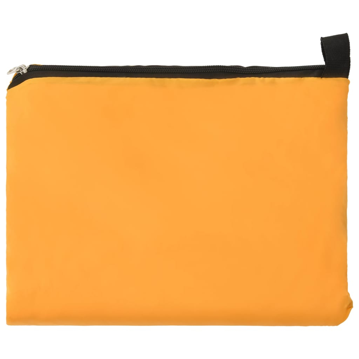Eine geschlossene, leuchtend orangefarbene Tasche mit schwarzem Reißverschluss und schwarzer Schlaufe.
