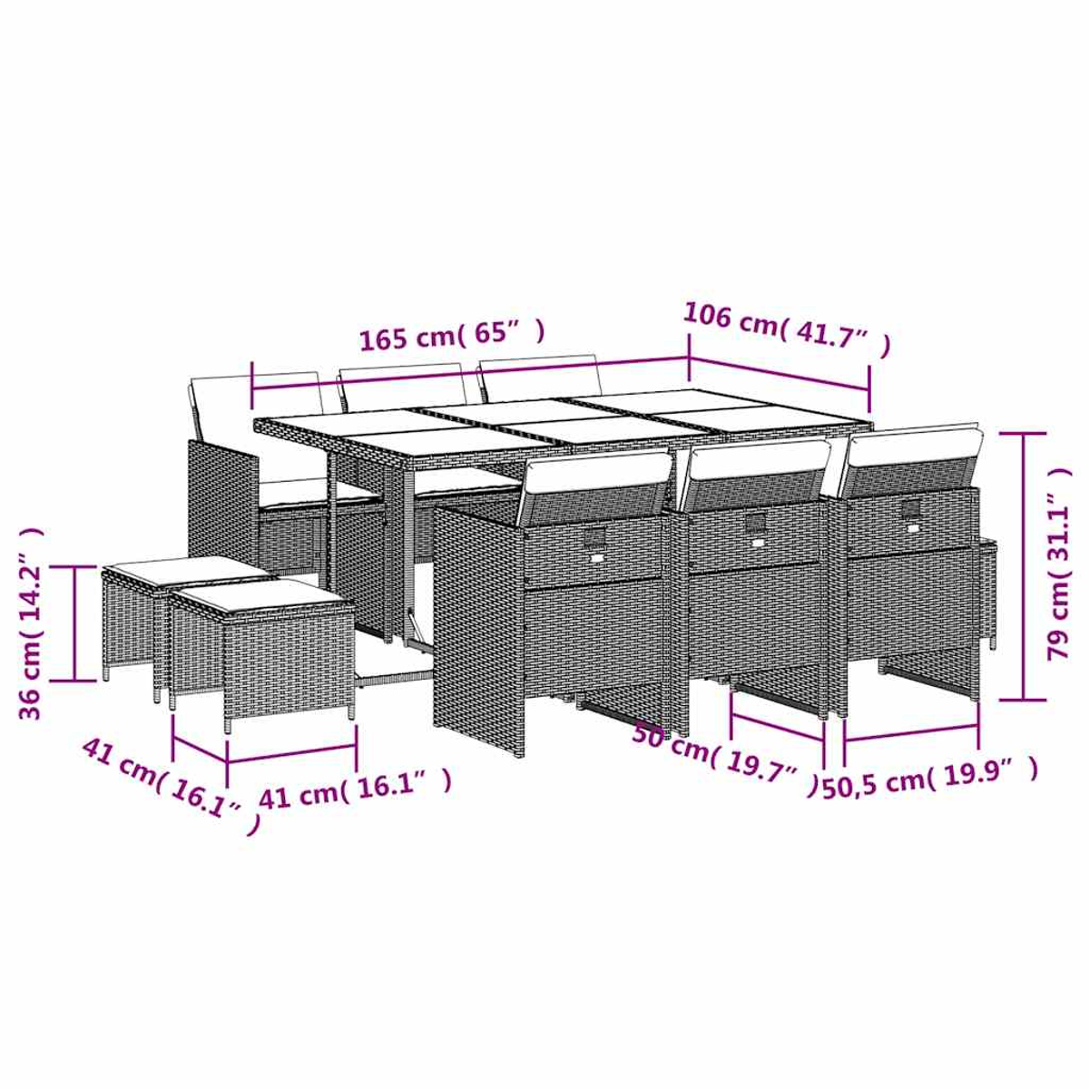 Geflochtenes Gartenmöbelset mit Tisch, 8 Stühlen und 2 Hockern, Maße angegeben.