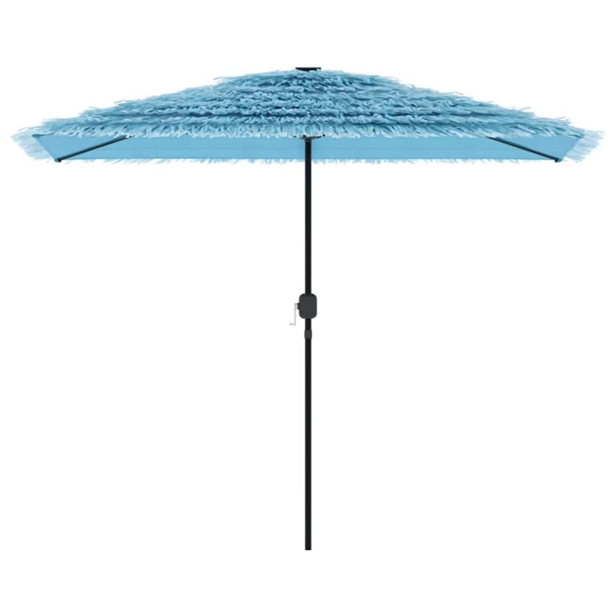 Un ombrellone azzurro con frange e supporto nero.