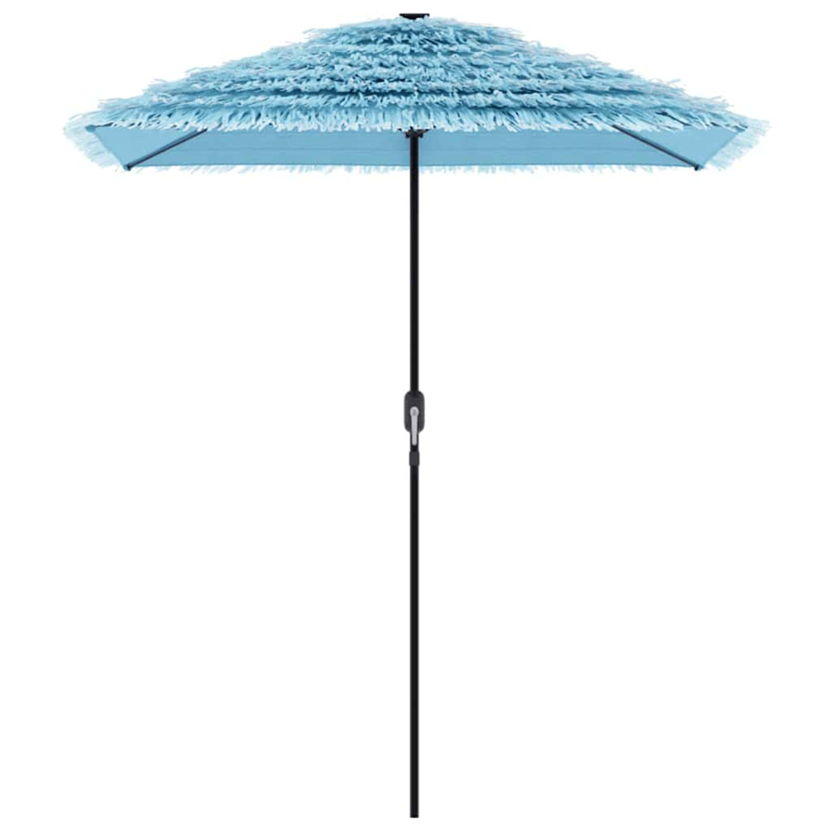 Un ombrellone azzurro con bordo sfrangiato e supporto nero.