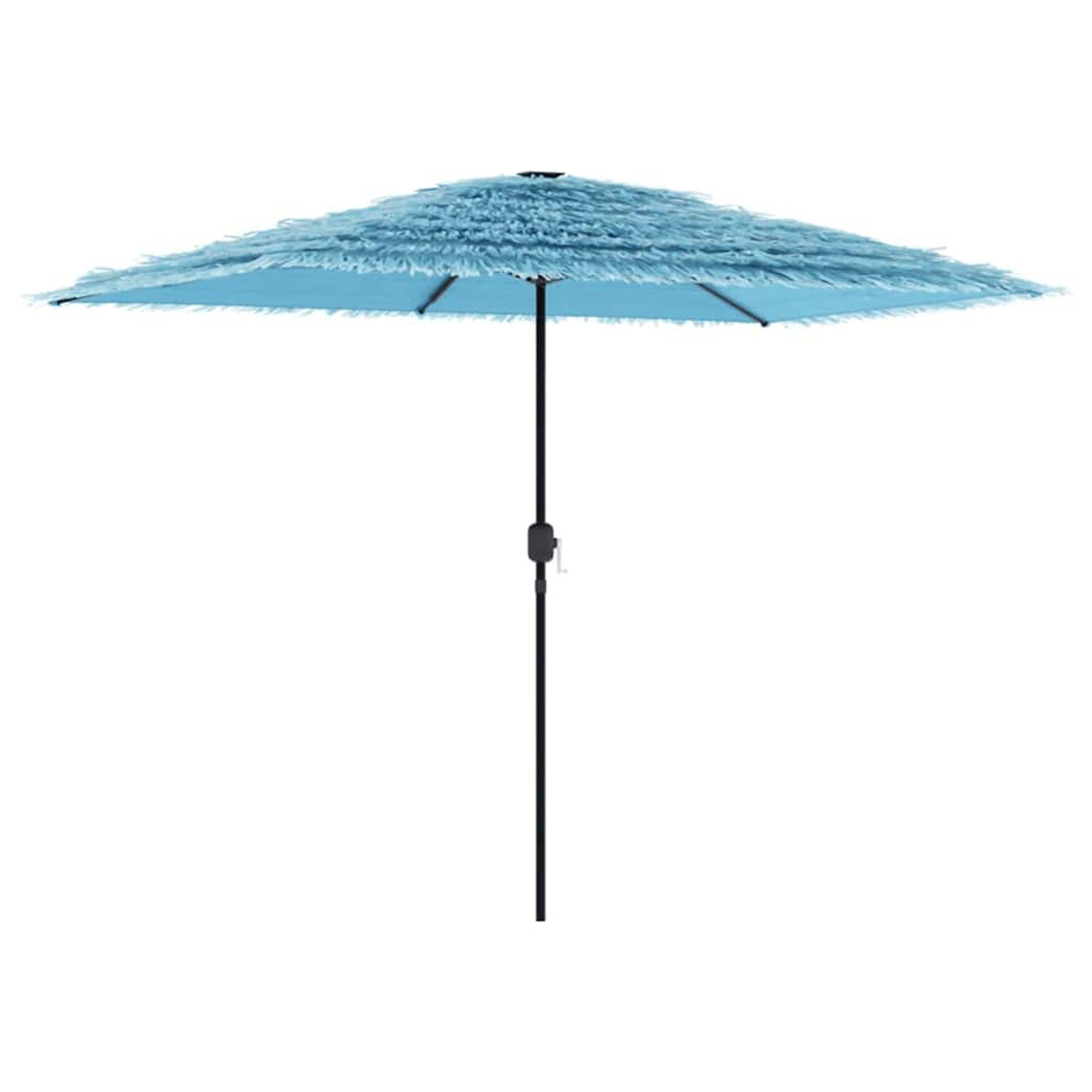 Un ombrellone azzurro con frange, su sfondo bianco.