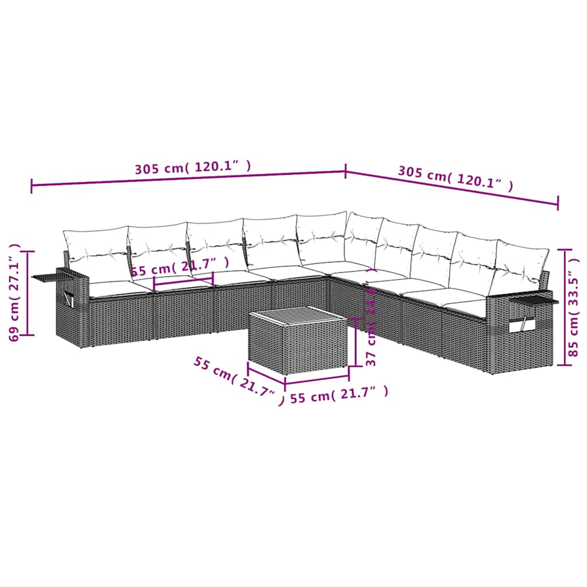 Braune Lounge-Ecke mit weißen Kissen und einem passenden Tisch.