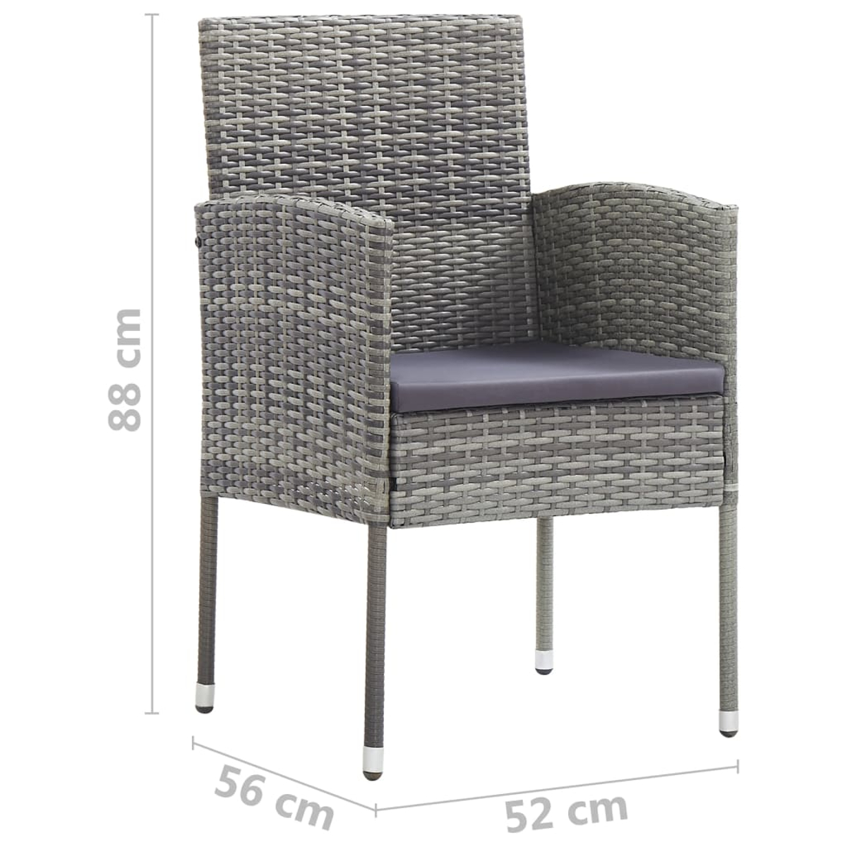 Sedia in rattan grigio con cuscino scuro, misura 88x56x52 cm.