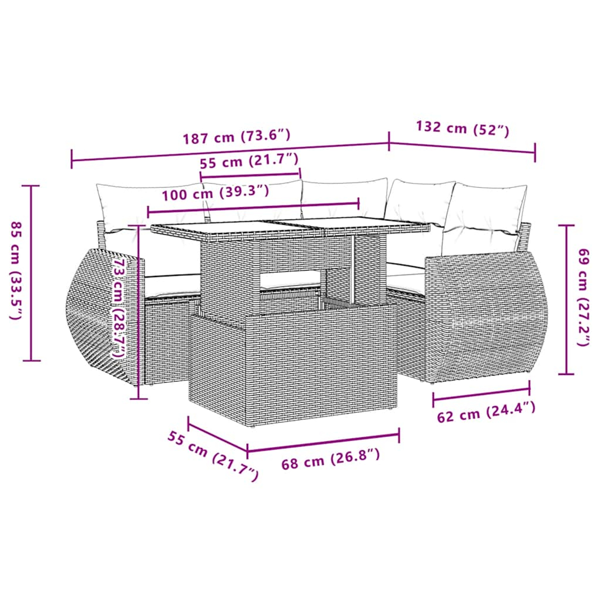 Geflochtenes Gartenmöbel-Set mit Maßen: Tisch 100x55x73cm, Ecksofa 187x85x69cm, Seitenteil 132x62x69cm.