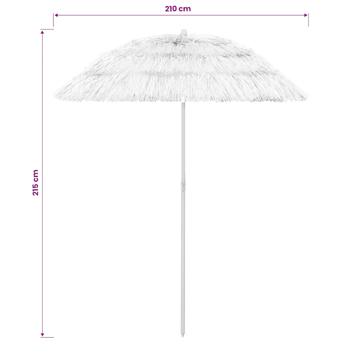 Weißer Sonnenschirm mit Strohdekor, 210 cm breit und 215 cm hoch.