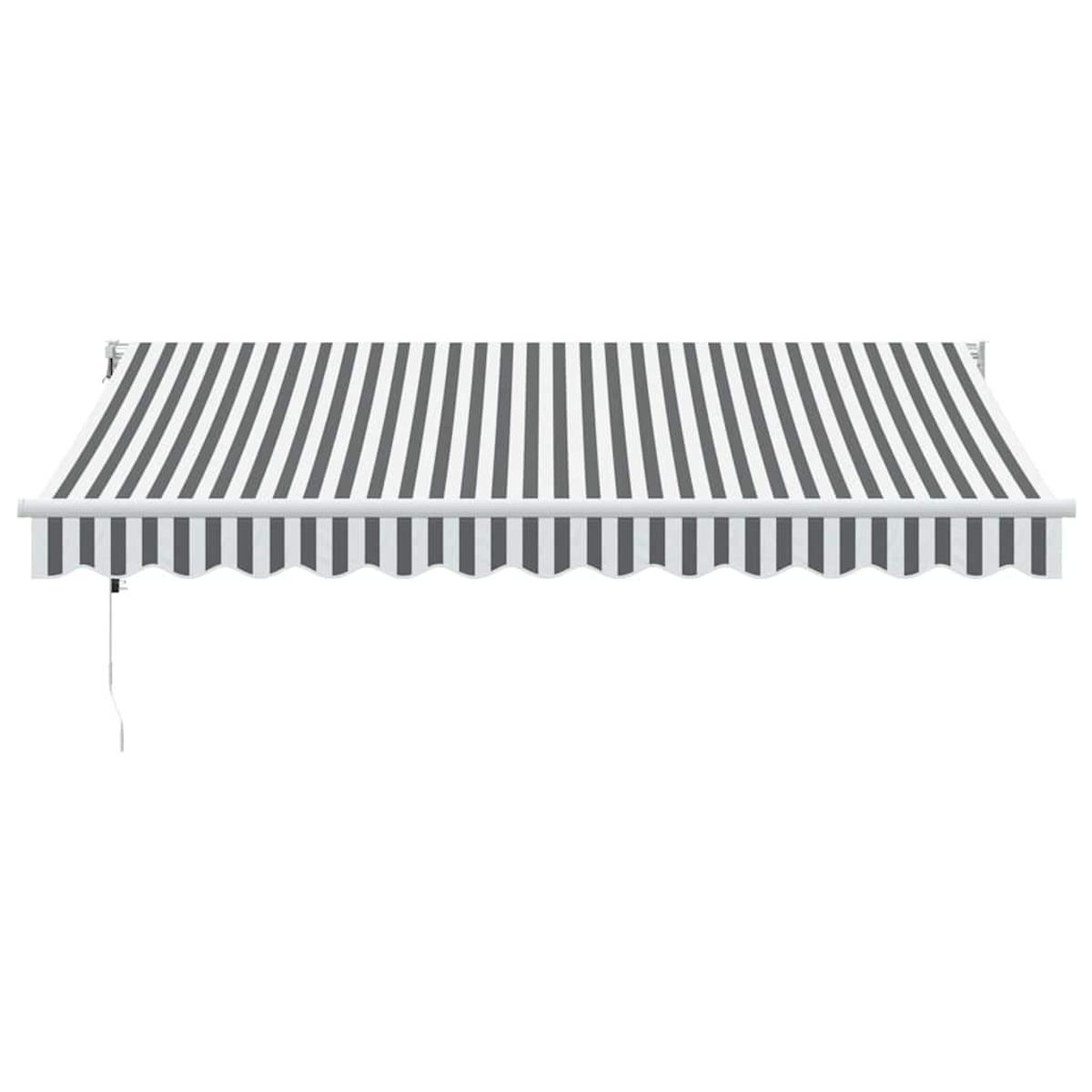 Tenda da sole retrattile con strisce grigie e bianche e bordo smerlato.