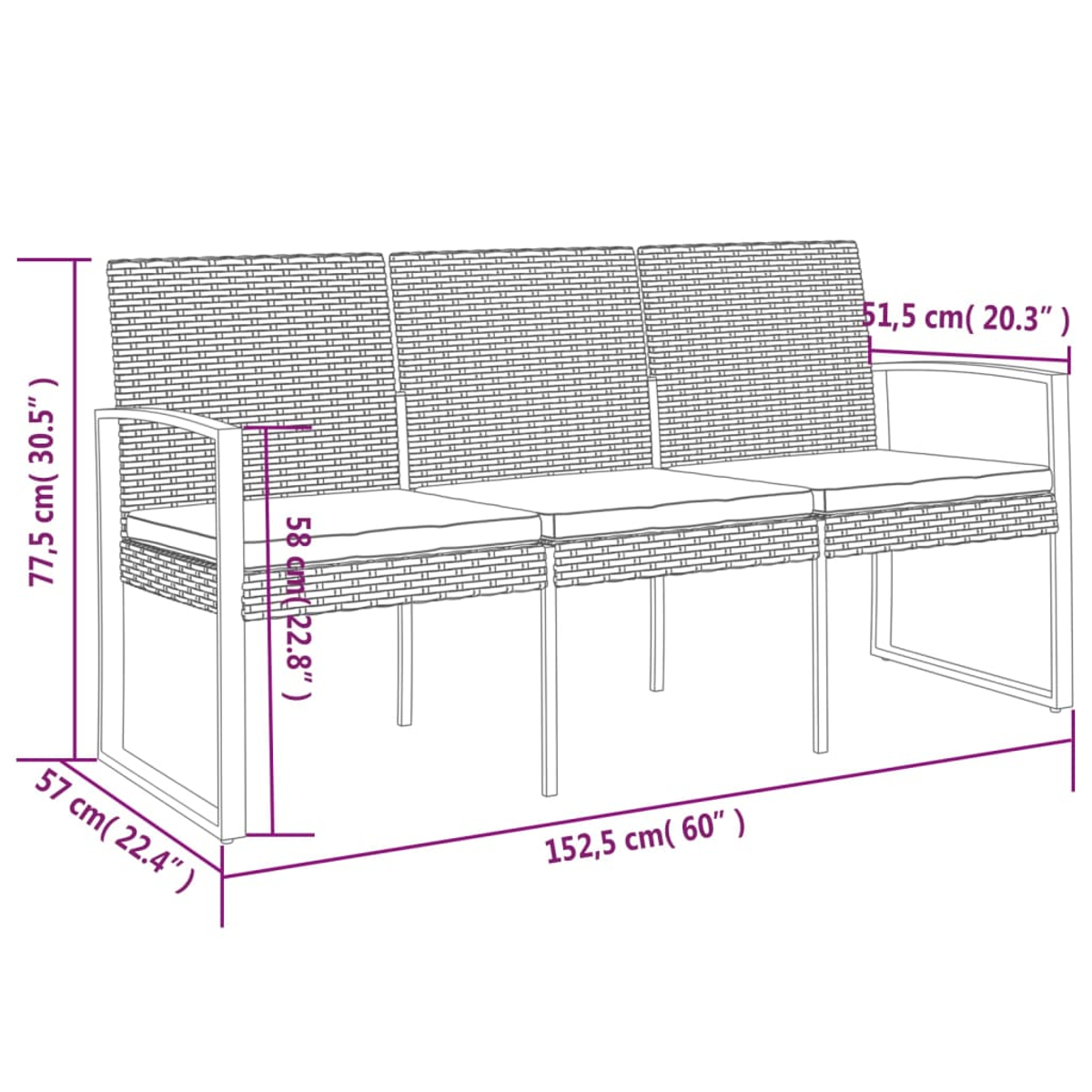 Diagramm eines dreisitzigen Rattan-Sofas mit Maßen in cm und Zoll.