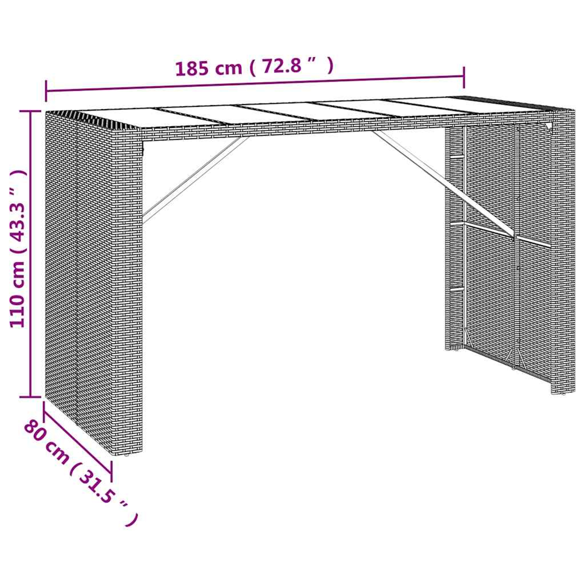 Ein rechteckiger Tisch mit den Maßen 185x80x110 cm, aus Rattan-Geflecht.