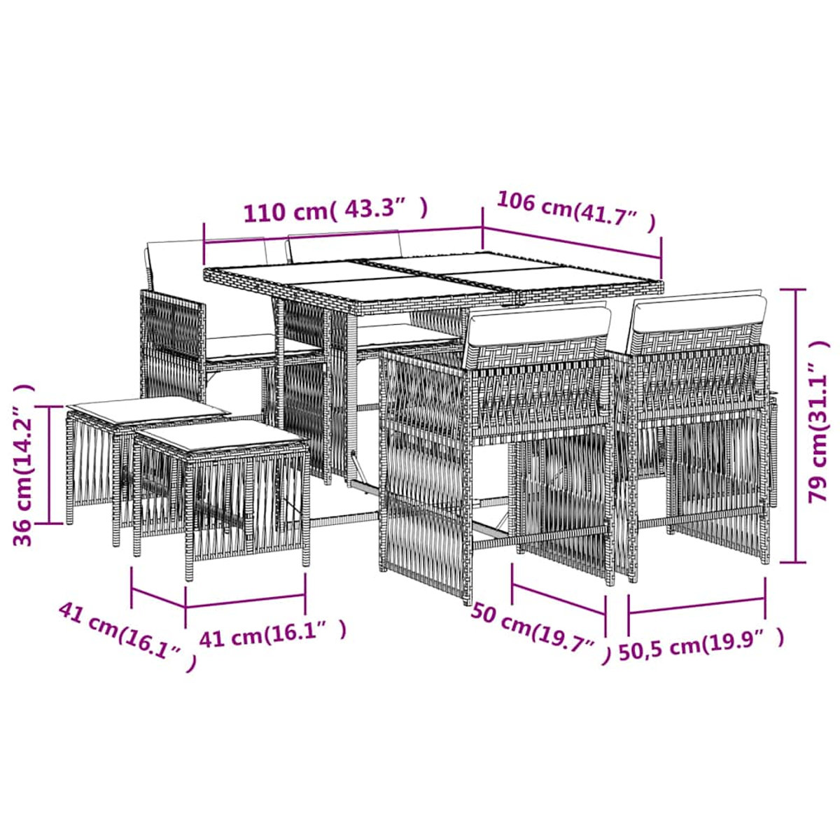 Un set da giardino in rattan con tavolo, sedie e sgabelli, con dimensioni.