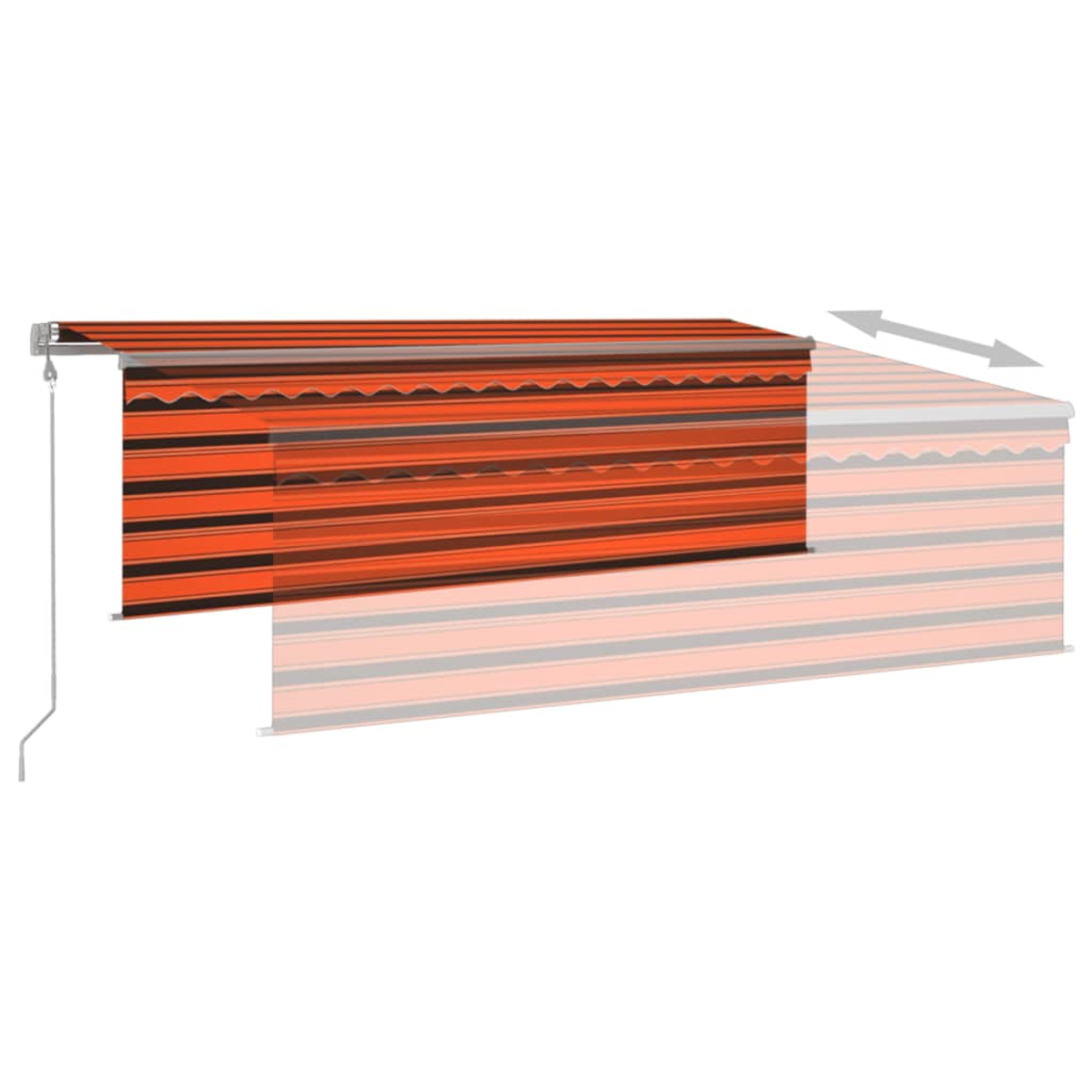 Ausziebares Markisenrollo mit orangen und schwarzen Streifen, mit Wellensaum.