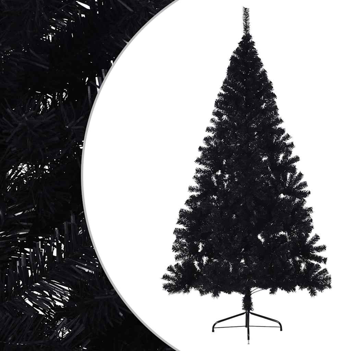 Schwarzer Weihnachtsbaum mit Metallständer auf weißem Hintergrund.
