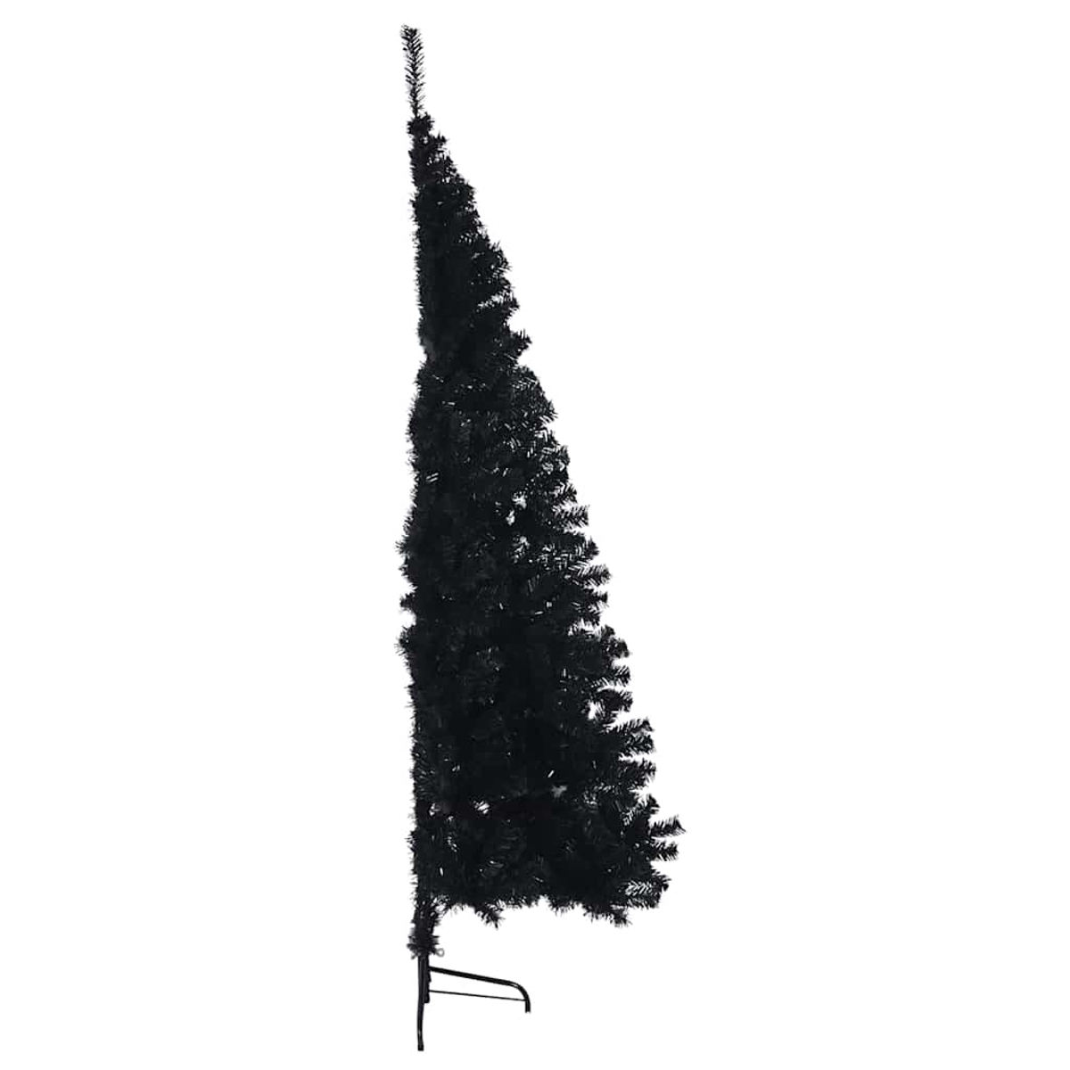 Ein spitzer schwarzer Kunstbaum mit einem Metallständer.