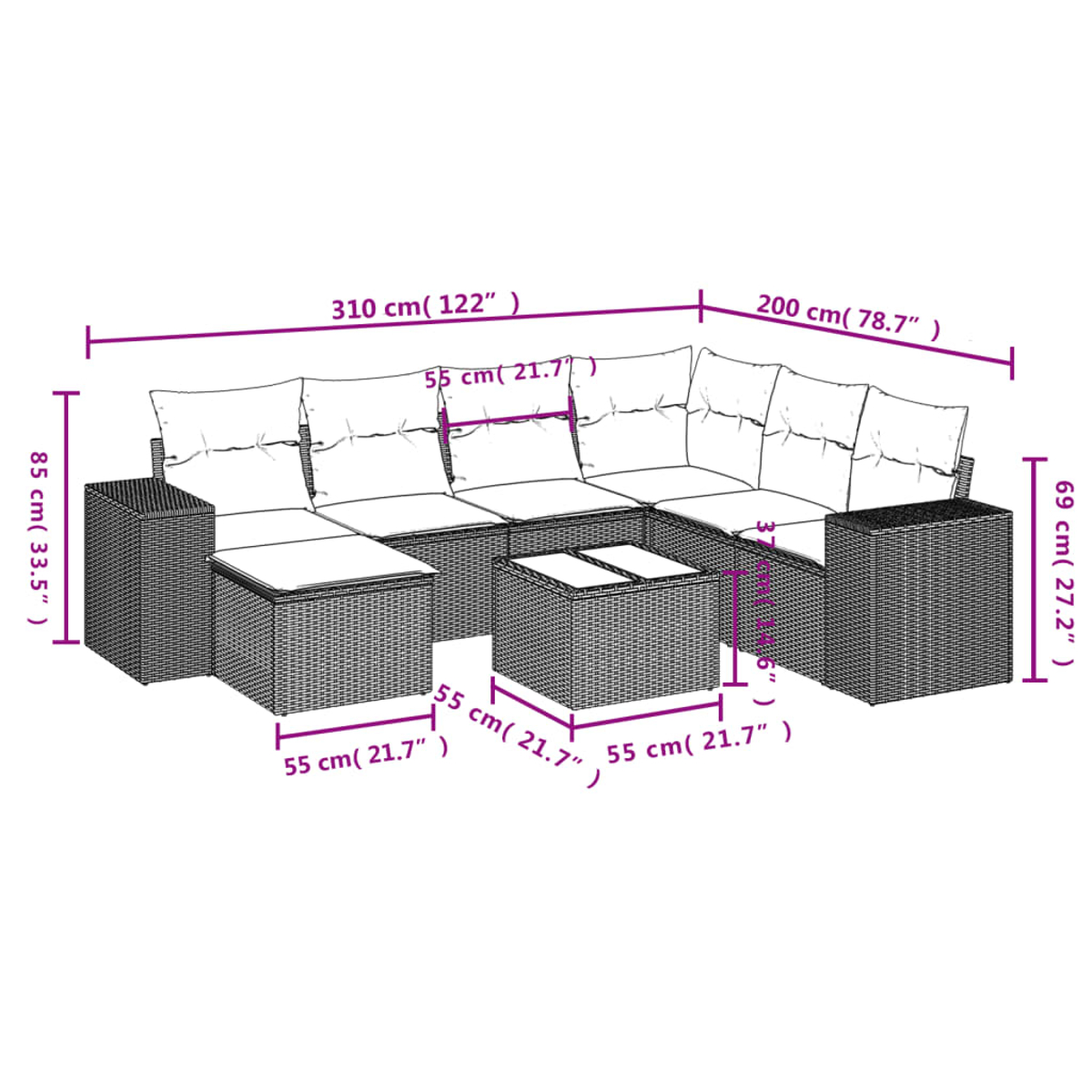 Un juego de salón modular de ratán con cojines y mesas, se muestran las dimensiones.