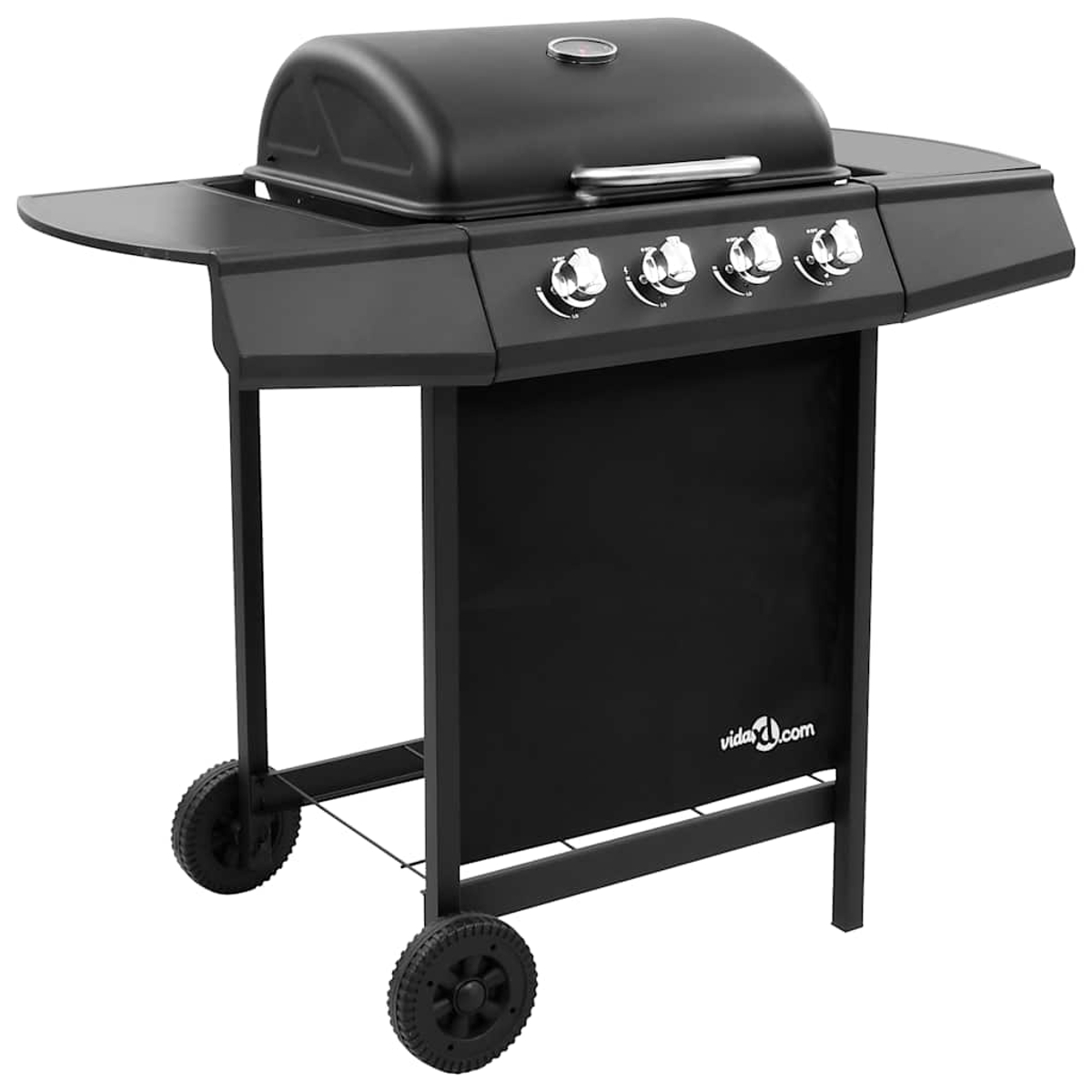 Ein schwarzer Gasgrill mit vier Brennern, Seitenablagen und Rädern.
