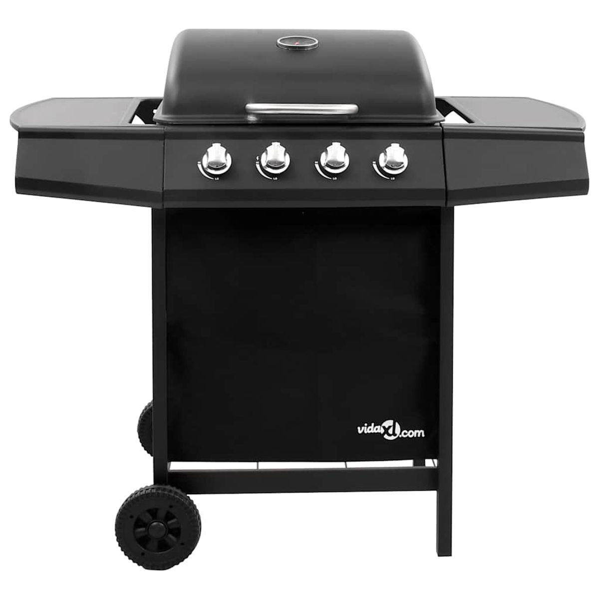 Ein schwarzer Gasgrill mit vier Reglern, Seitentischen und Rädern.
