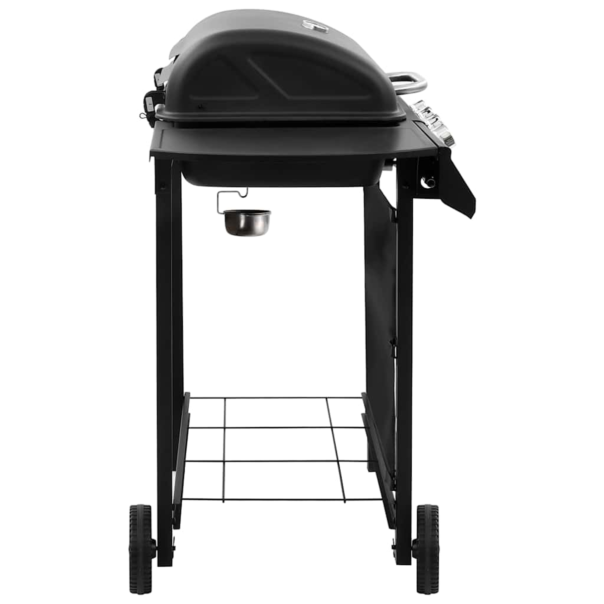 Ein schwarzer Grill mit Rädern und einem Metallregal unterhalb.