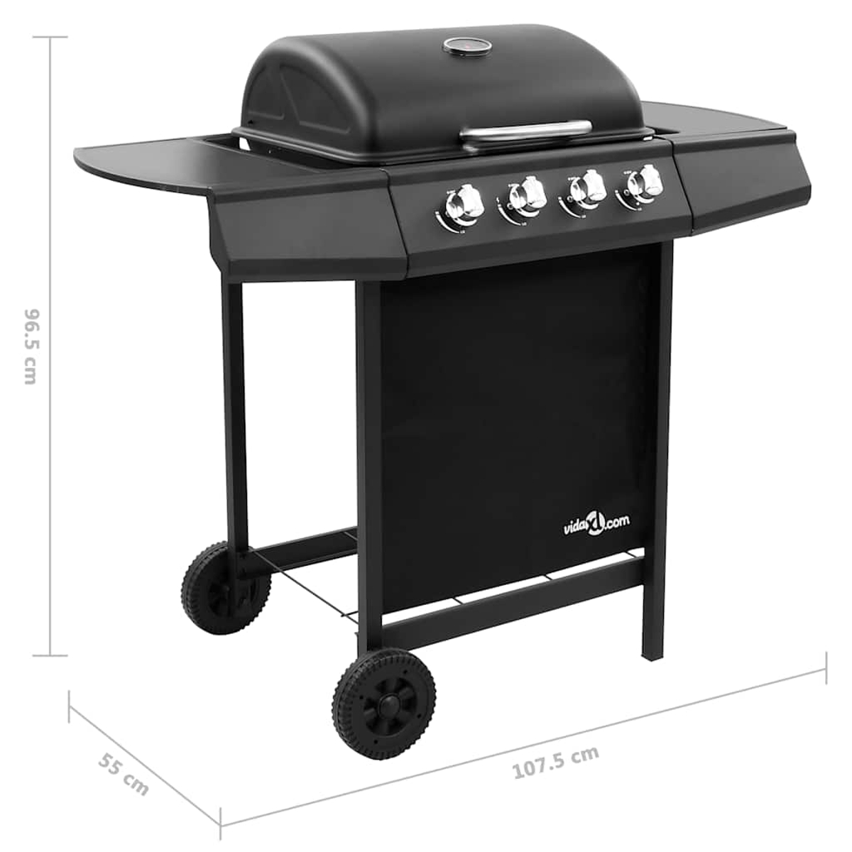 Schwarzer Gasgrill mit vier Brennern, Seitenablagen und Rädern.