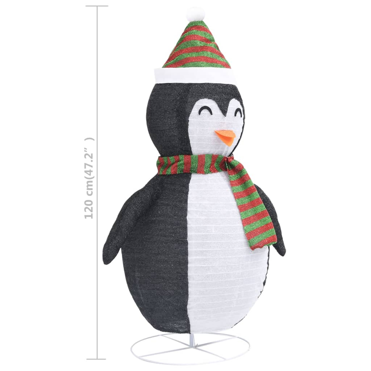 Ein 120 cm großer, beleuchteter Pinguin mit Weihnachtsmütze und Schal.
