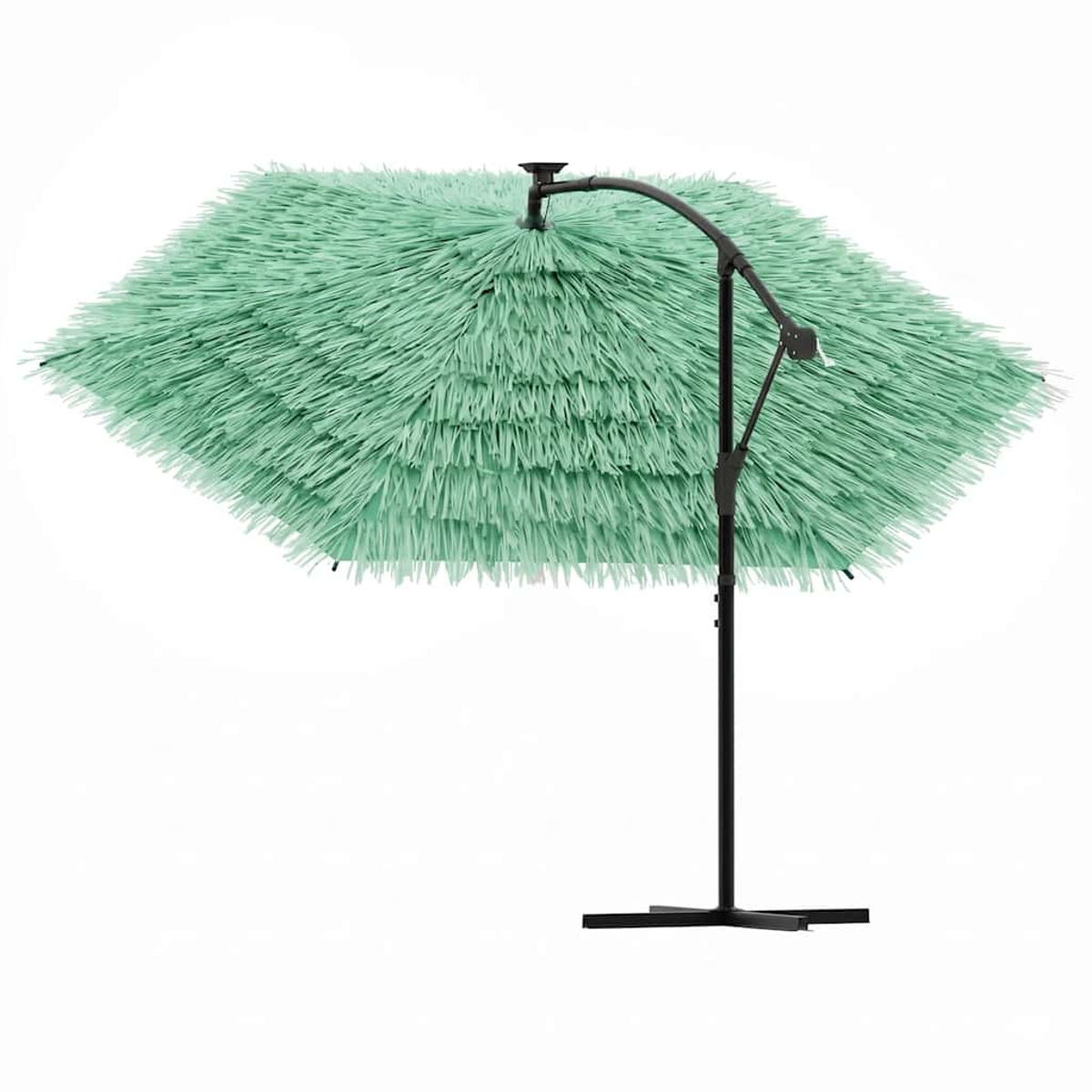 Un ombrellone verde menta con materiale simile a frange su un supporto nero.