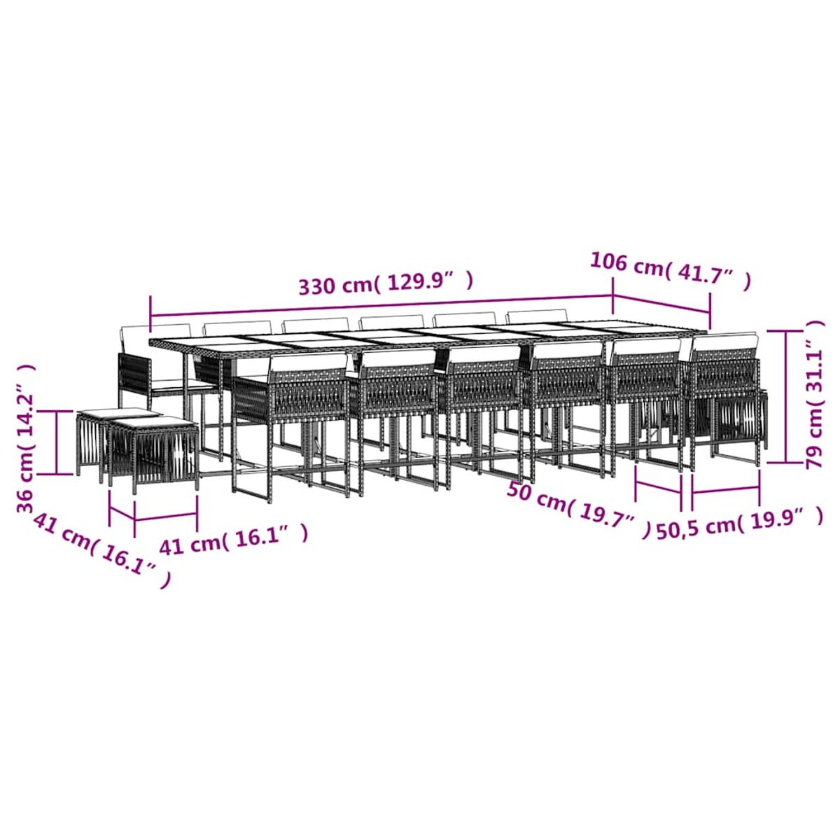 Schema di un lungo tavolo da pranzo con 10 sedie e due tavolini. Dimensioni mostrate.