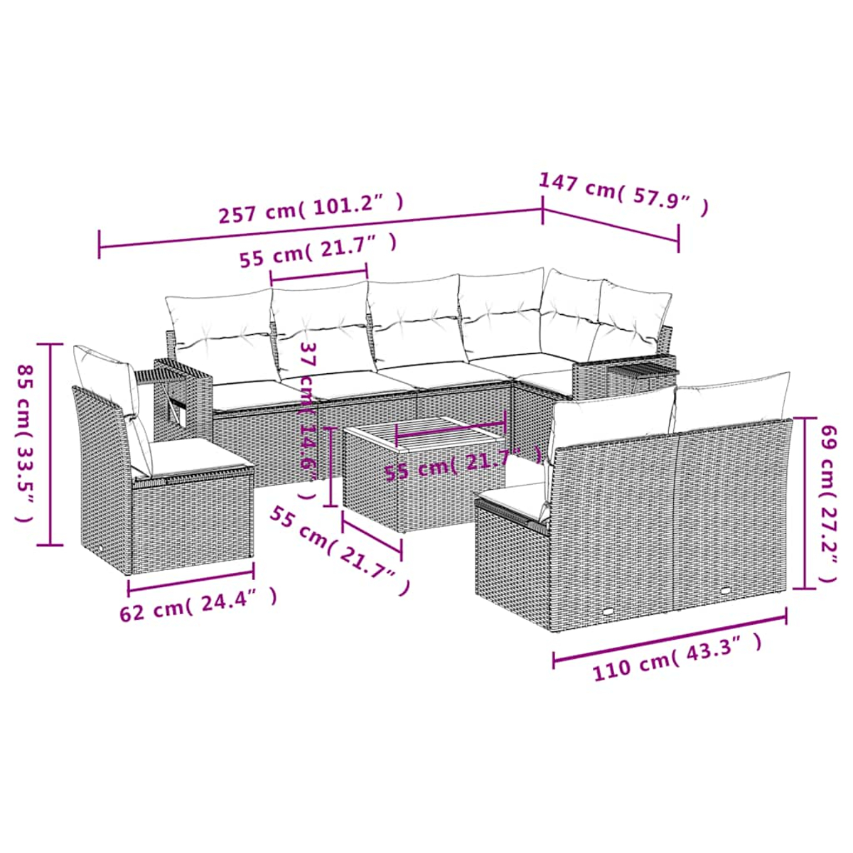 Ein modululares Loungeset aus Rattan mit Kissen und Tisch, Maße sind angegeben.