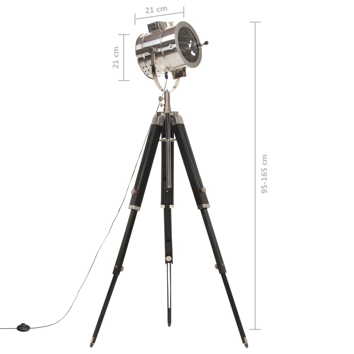 Ein Chrom-Scheinwerfer auf einem schwarzen Stativ, höhenverstellbar 95-165 cm.