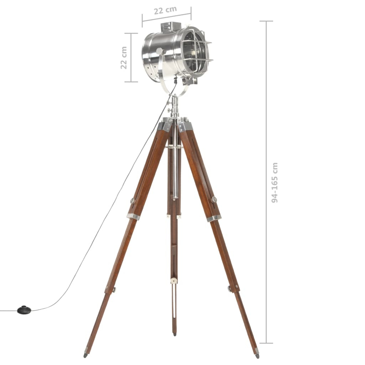 Ein silberner Scheinwerfer mit Holzstativ, 94-165 cm hoch.