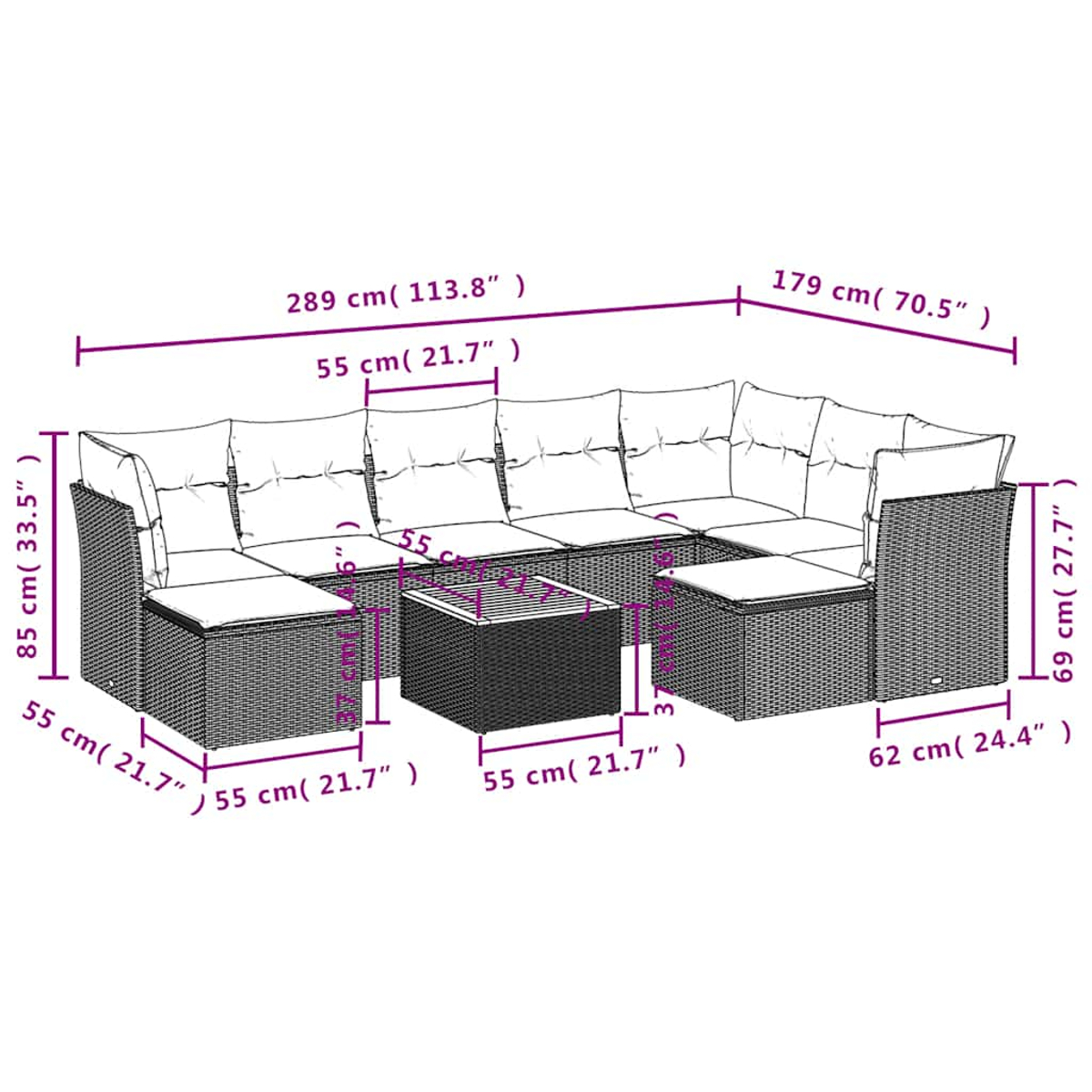 Diagramm eines modularen Outdoor-Sofas mit Kissen und Couchtisch, mit Maßen.