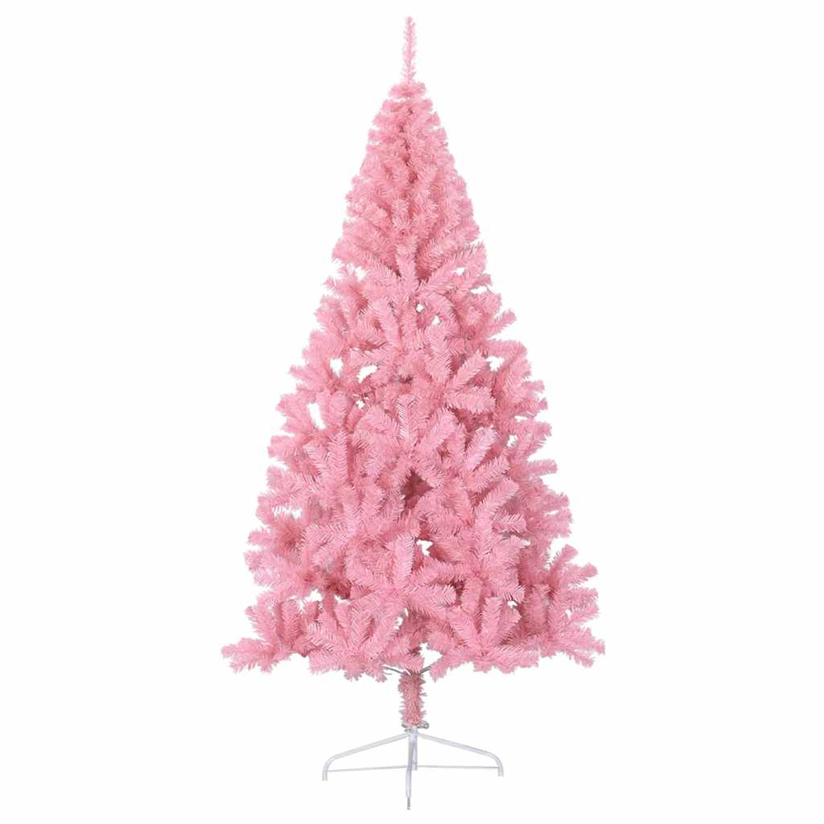 Ein voller, rosa Weihnachtsbaum mit weißem Ständer steht auf weißem Grund.