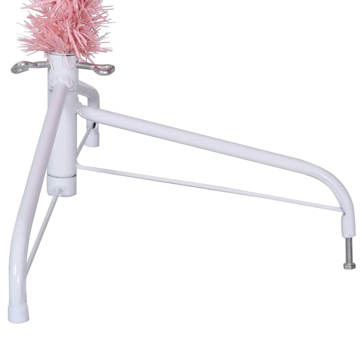 Ein weißer Metall-Weihnachtsbaumständer mit einer rosa Lametta-Baumspitze.