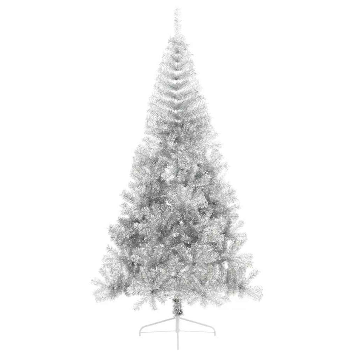Ein silberner Weihnachtsbaum mit weißem Ständer steht vor einem weißen Hintergrund.