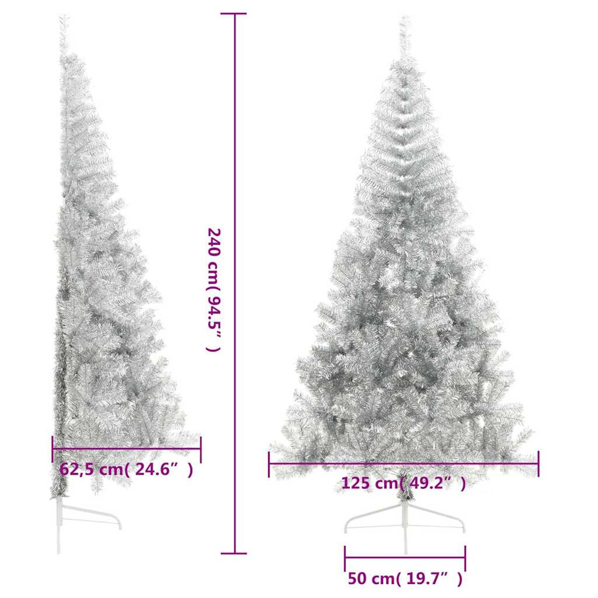 Zwei silberne künstliche Weihnachtsbäume mit Maßen.