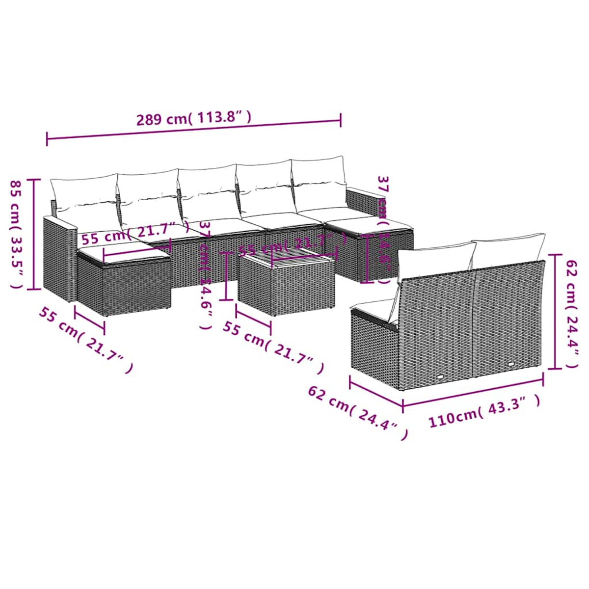 Geflecht-Lounge-Set mit weißen Kissen, Maße sind angegeben.