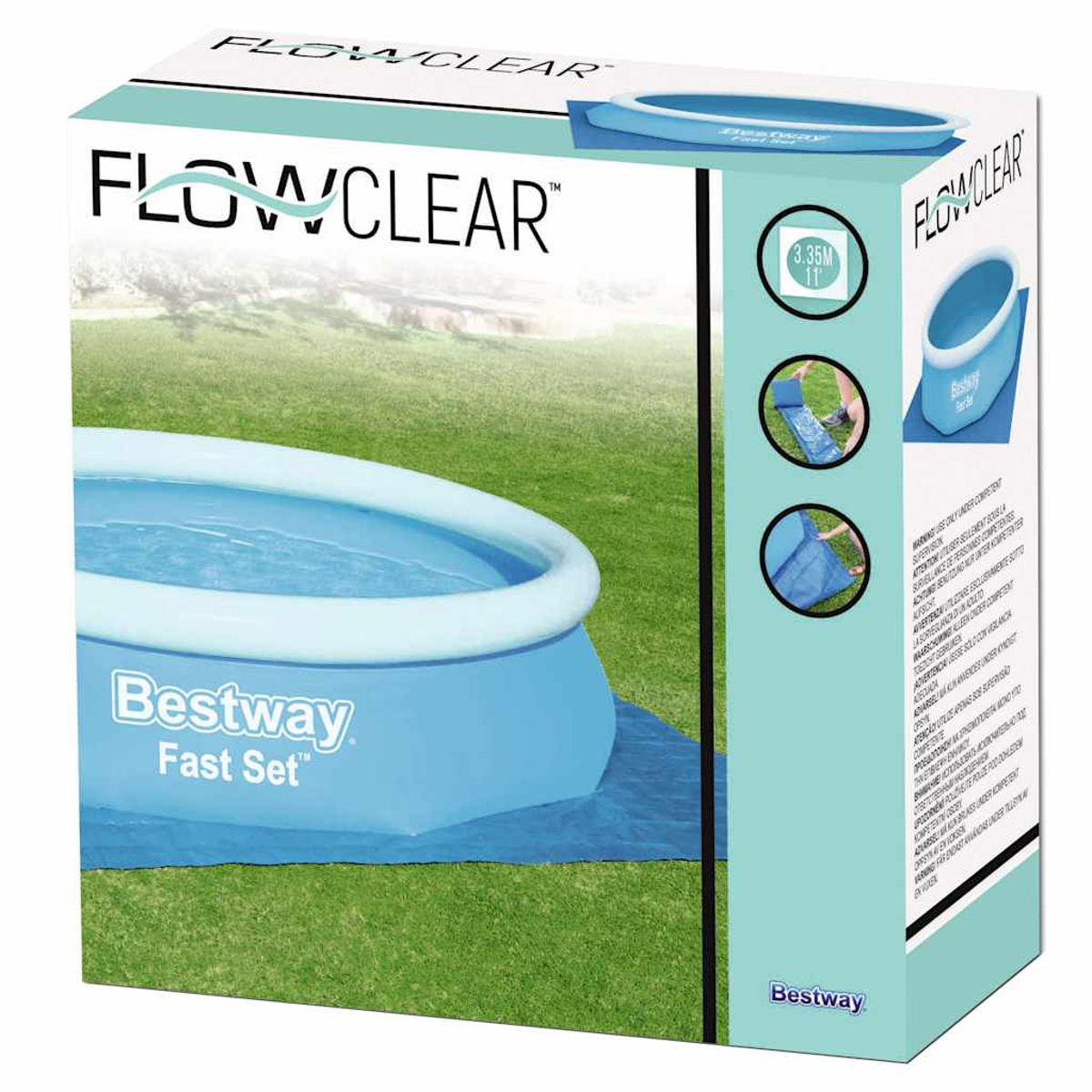 Doos van een blauw Bestway Fast Set zwembad met gras op de achtergrond.
