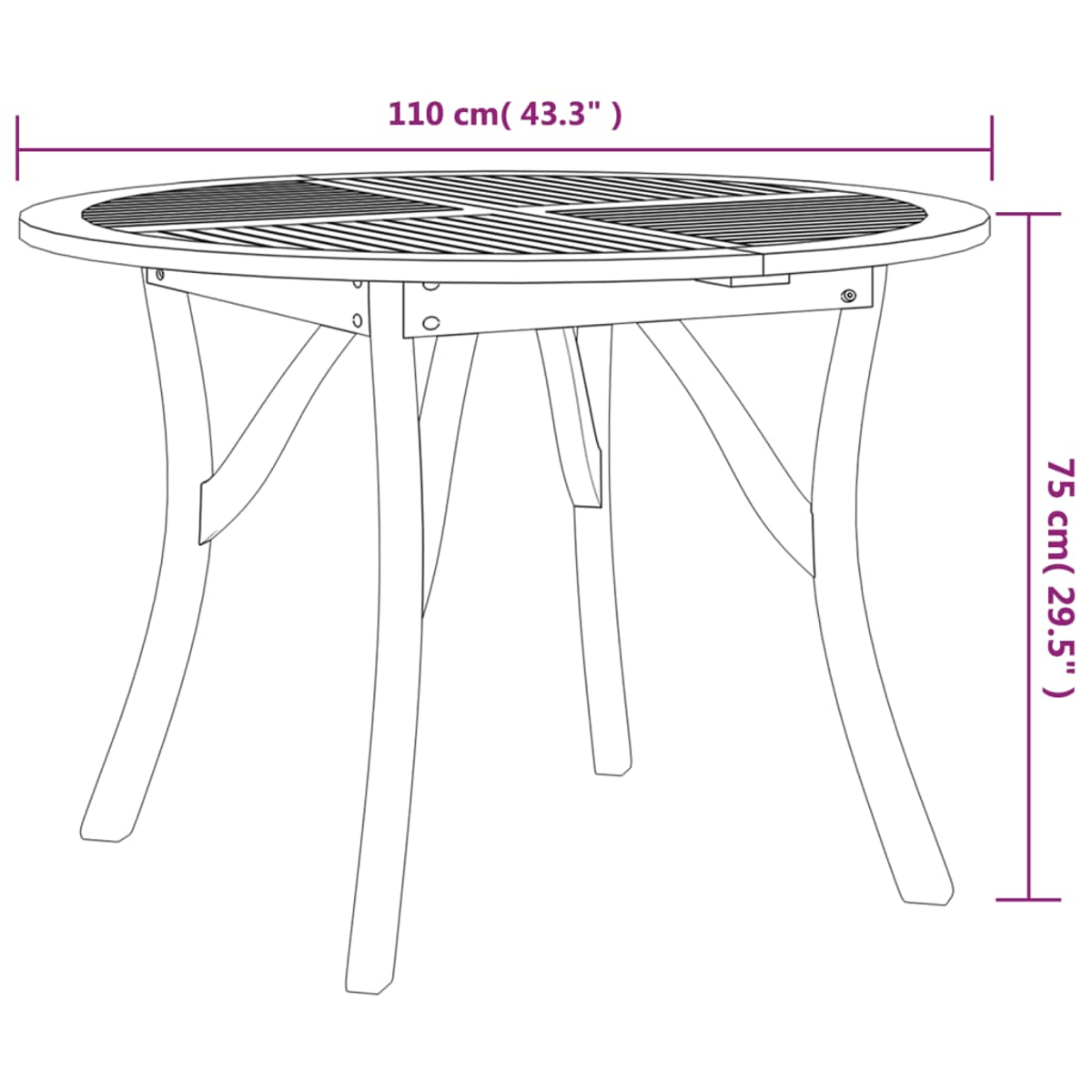 Zeichnung eines runden Holztisches mit vier Beinen. Breite 110 cm, Höhe 75 cm.