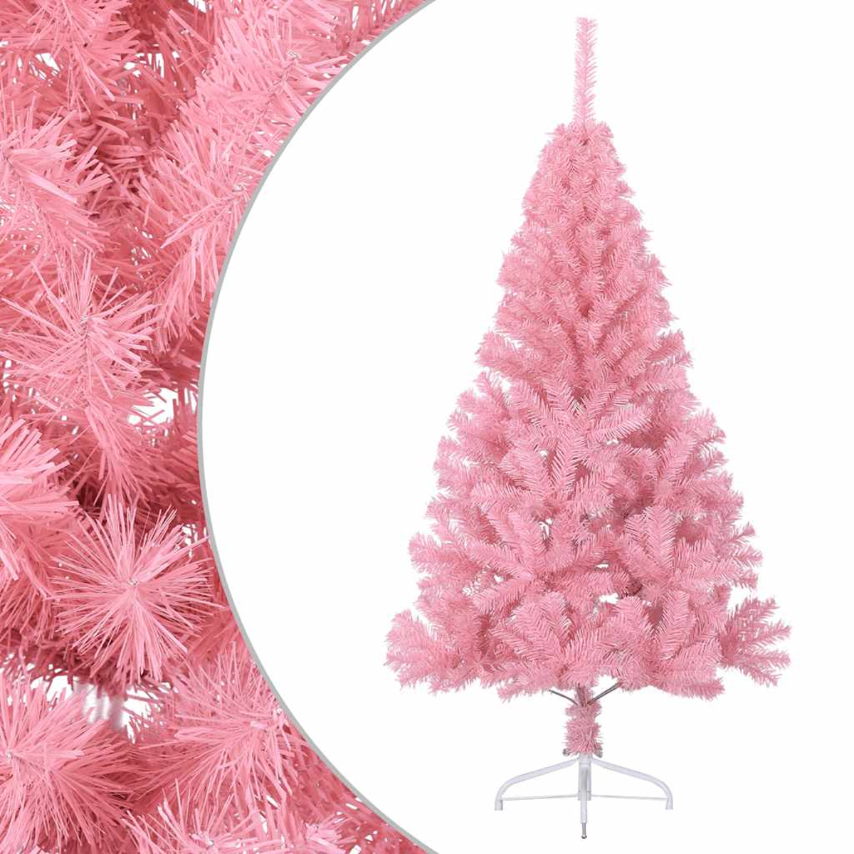 Ein rosafarbener Weihnachtsbaum mit weißem Ständer, isoliert auf weißem Hintergrund.