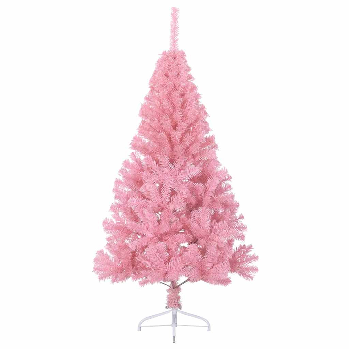 Ein voller, künstlicher pinker Weihnachtsbaum mit weißem Metallständer, isoliert auf weiß.