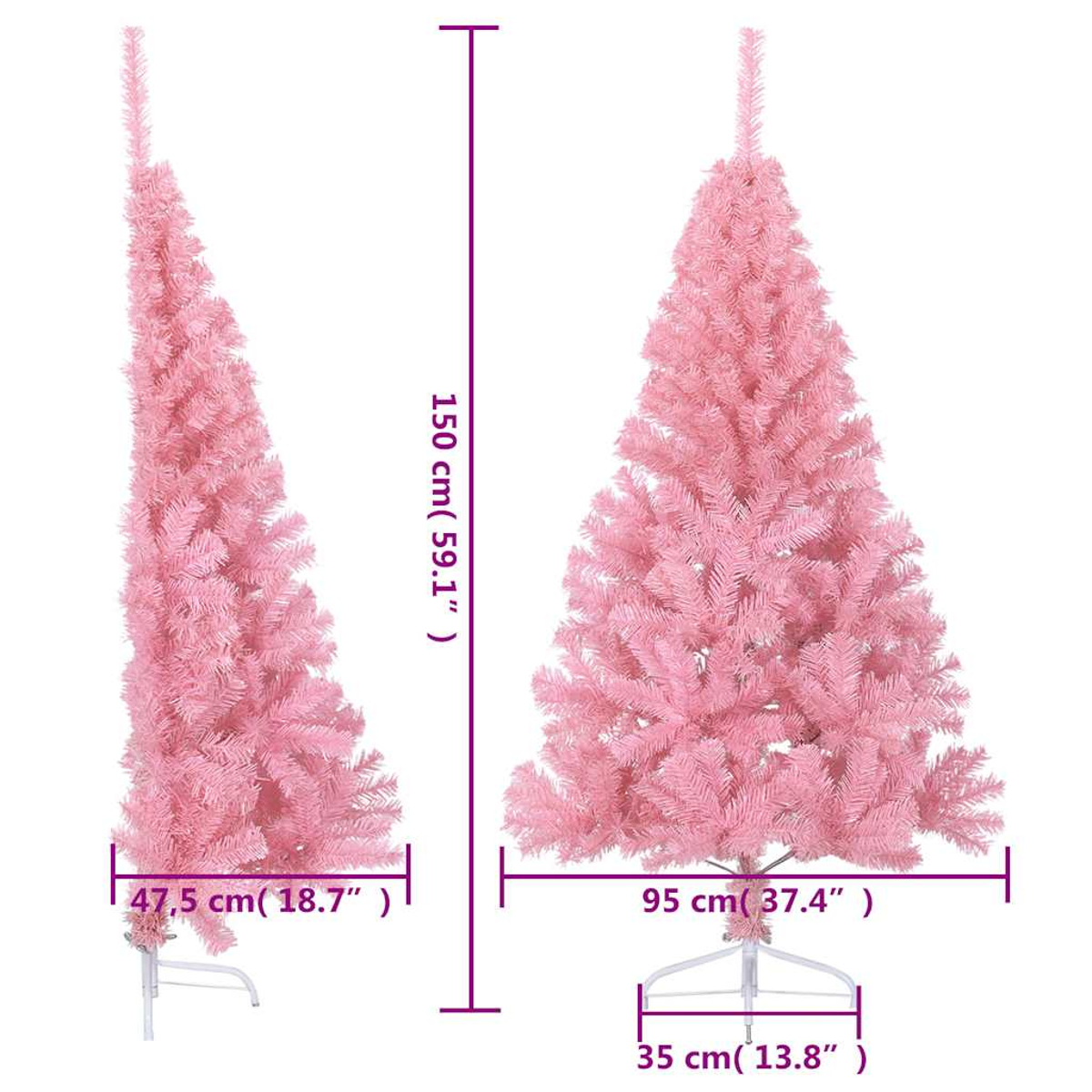 Zwei künstliche Weihnachtsbäume in Rosa. Einer hoch und schlank, einer voll. Maße angegeben.